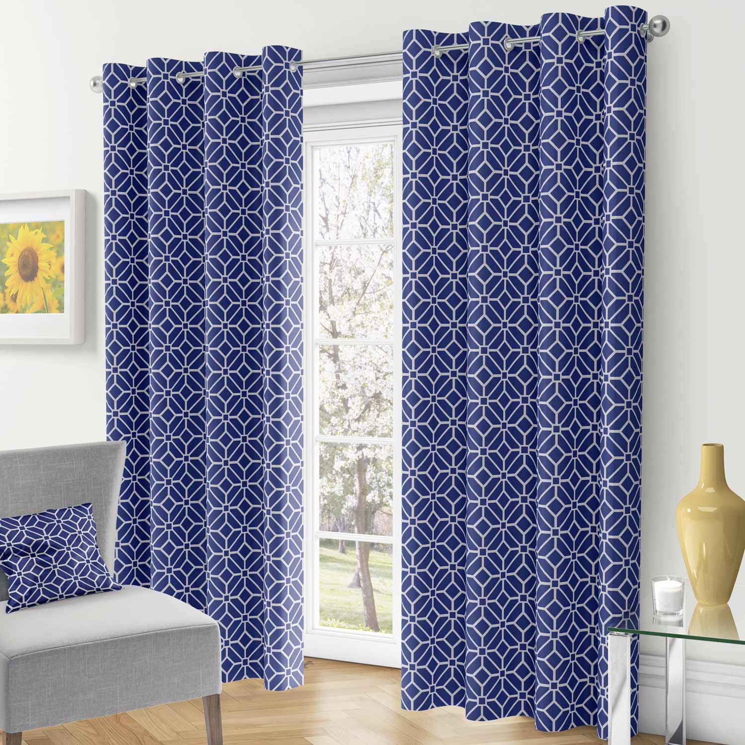 Navy Eyelet Curtains Geometric Chenille Ready Made Lined Ring Top Curtain Pairs Navy Eyelet Curtains Geometric Chenille Ready Made Lined Ring Top Curtain Pairs
