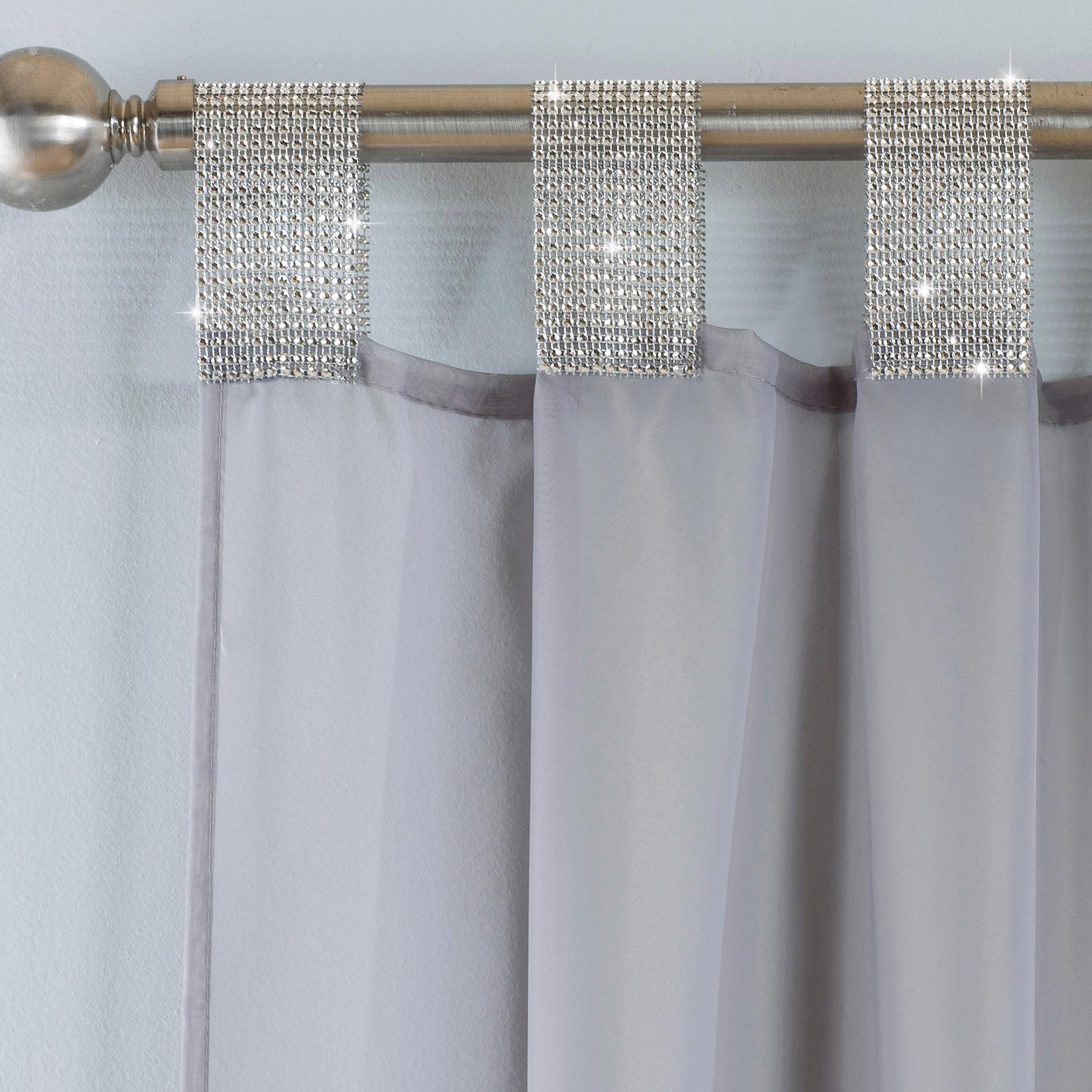 Grey Voile Curtain Panels Diamante Sparkle Bling Sheer Tab Top