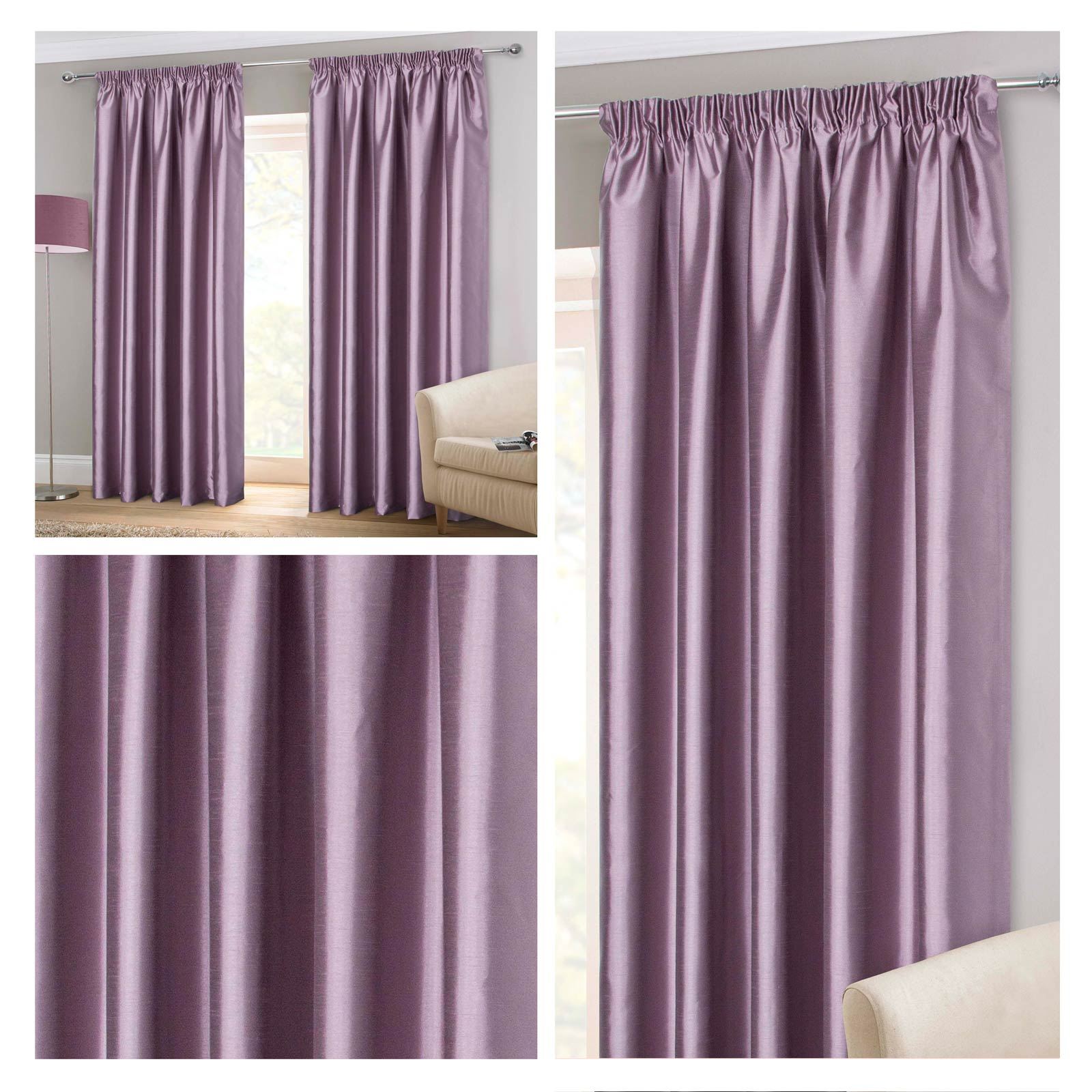 Lilac Tape Top Curtains Purple Faux Silk Readymade 3 Pencil Pleat