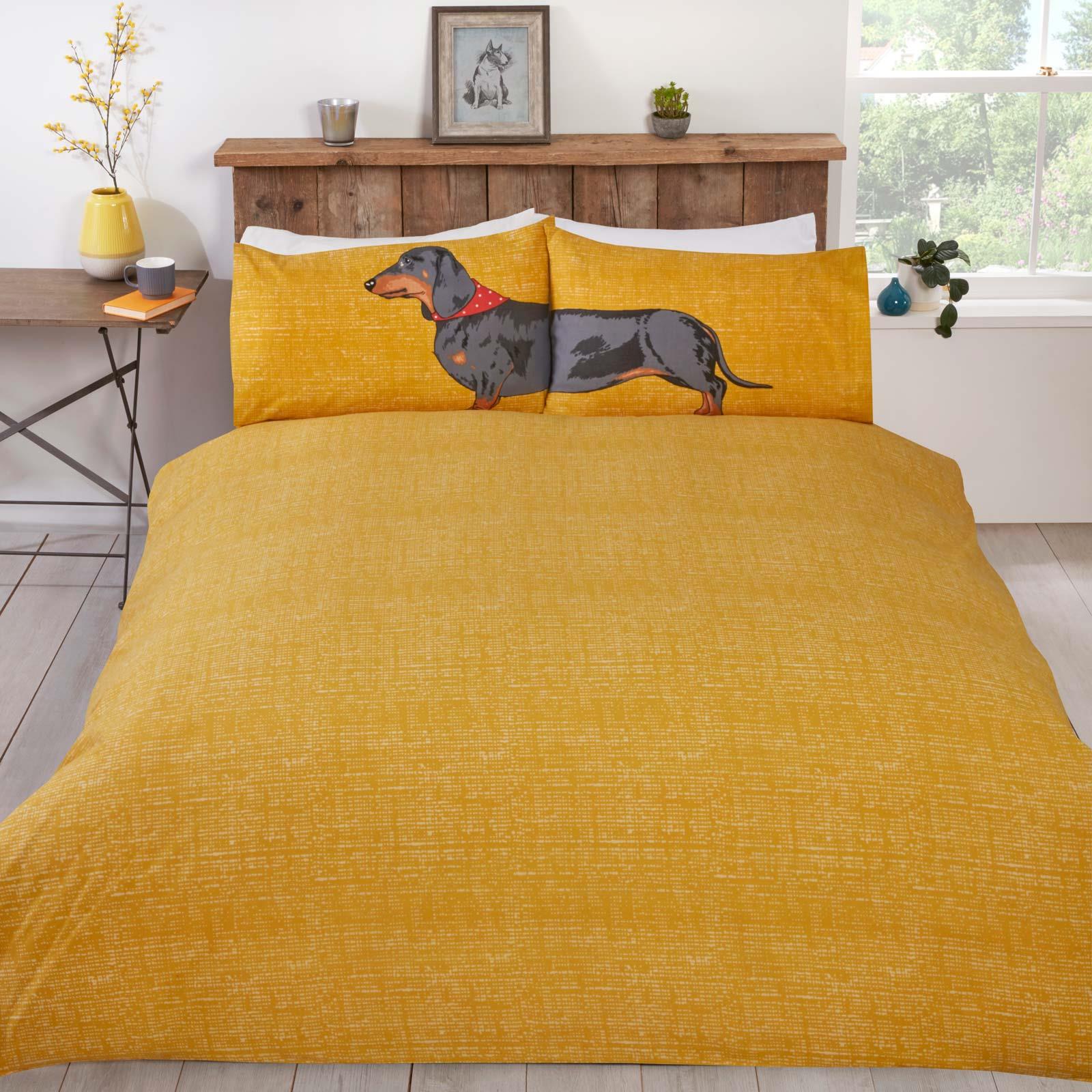Hello Sausage Dog Duvet Covers Dachshund Easy Care Ochre Grey Bedding