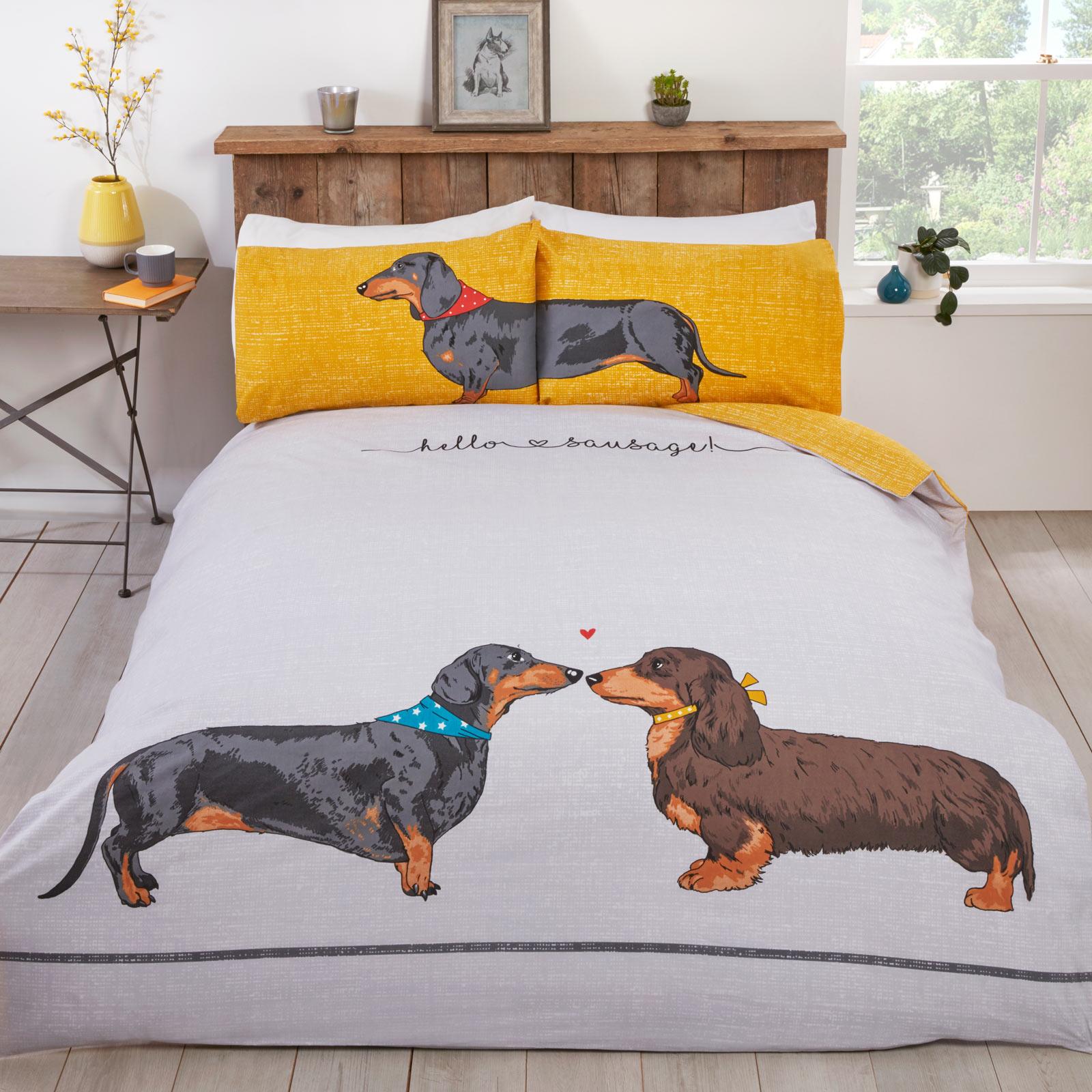 Hello Sausage Dog Duvet Covers Dachshund Easy Care Ochre Grey Bedding Sets eBay