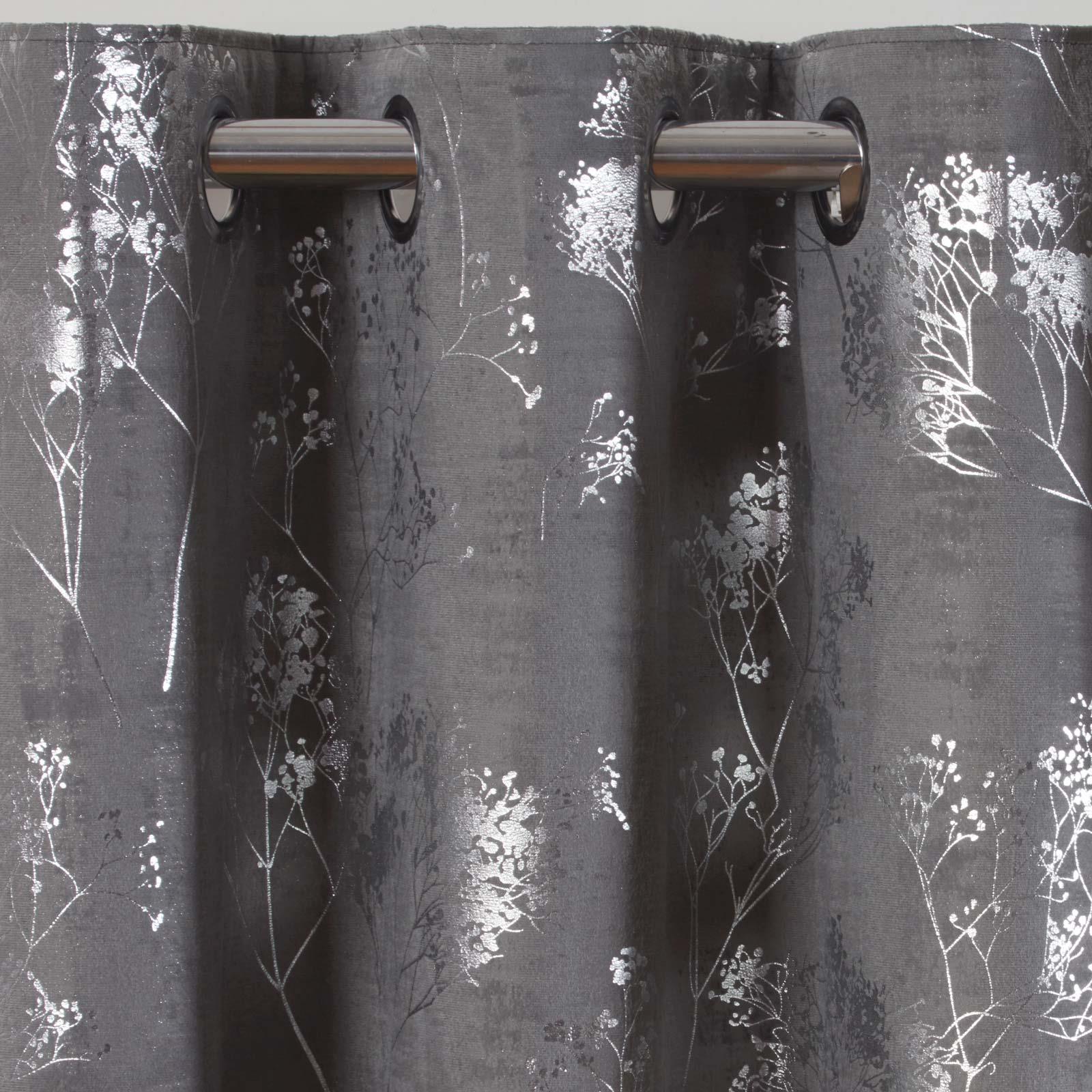 Grey Eyelet Curtains Silver Metallic Trees Velvet Ready Made Ring