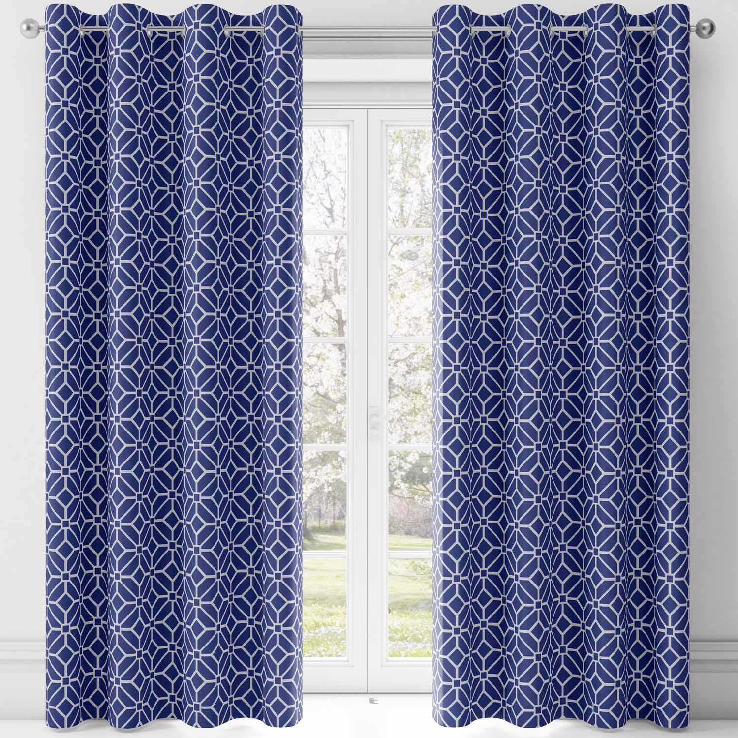 Navy Eyelet Curtains Blue Geometric Lined Ring Top Ready Made Curtain
