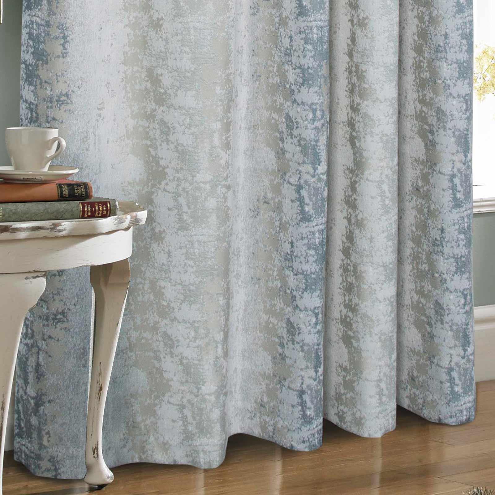 Blue Eyelet Curtains Grey Crushed Velvet Ombre Ready Made Lined Ring