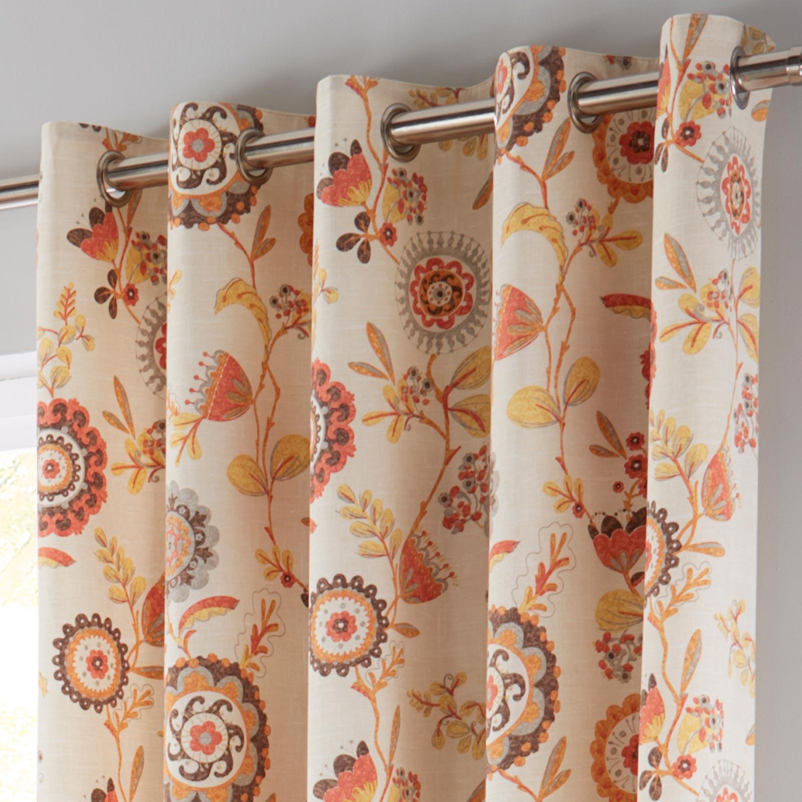 Orange Eyelet Curtains Floral Retro Geometric Ready Made Ring Top