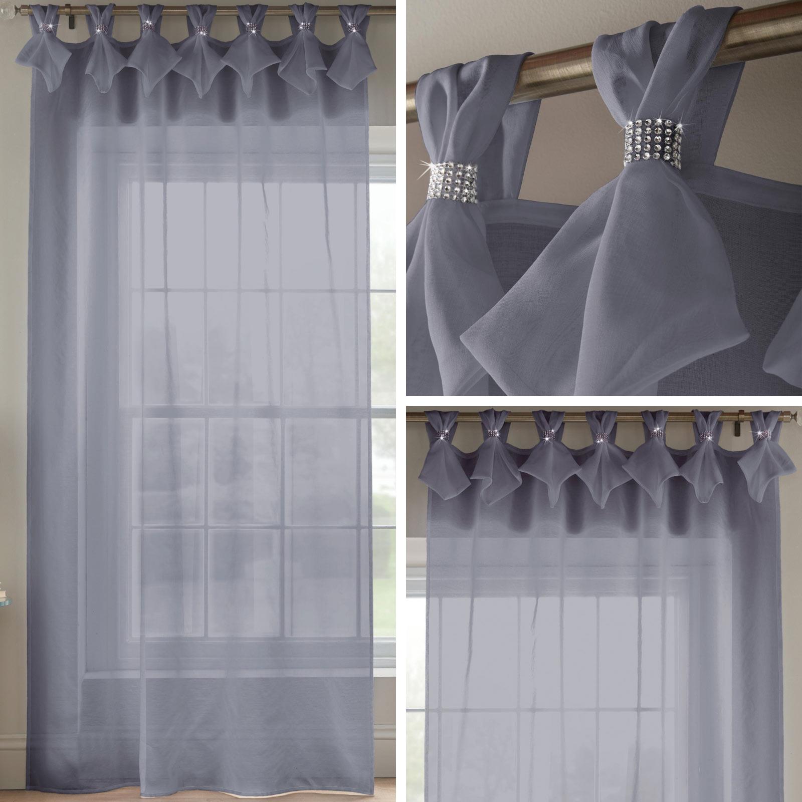 Grey Voile Curtain Diamante Sparkle Tab Top Pleated Panels Bling