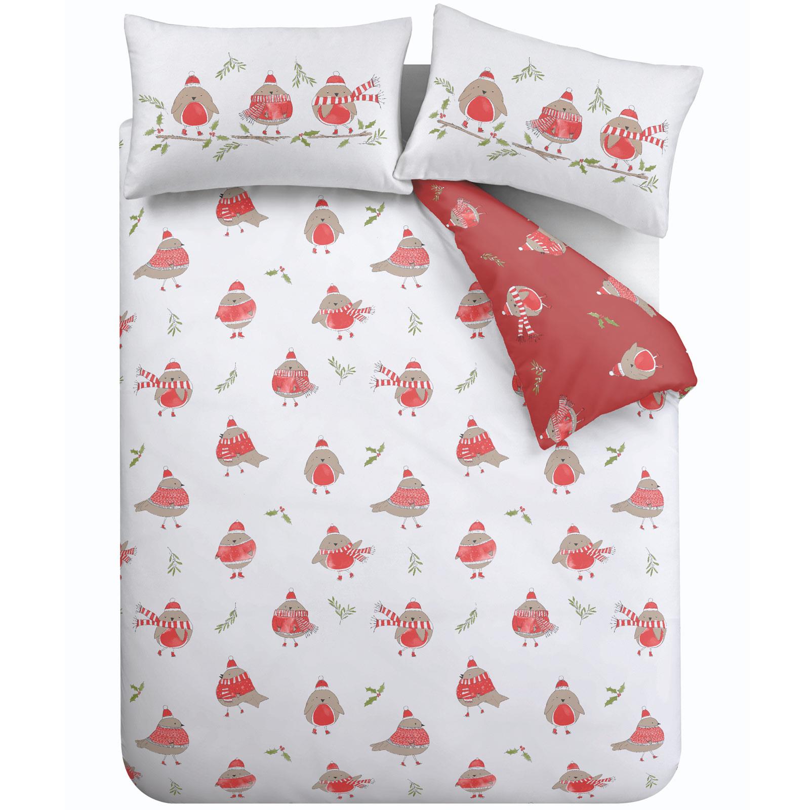 Catherine Lansfield Robins Christmas Duvet Covers White Red Festive