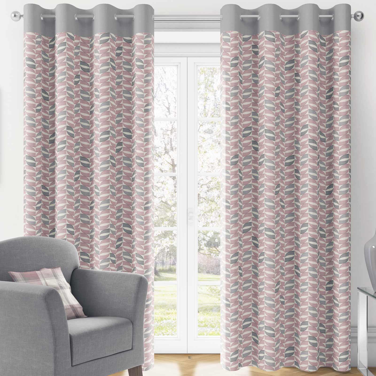 Grey Eyelet Curtains Geometric Check Modern Ready Made Lined Ring Top Pairs