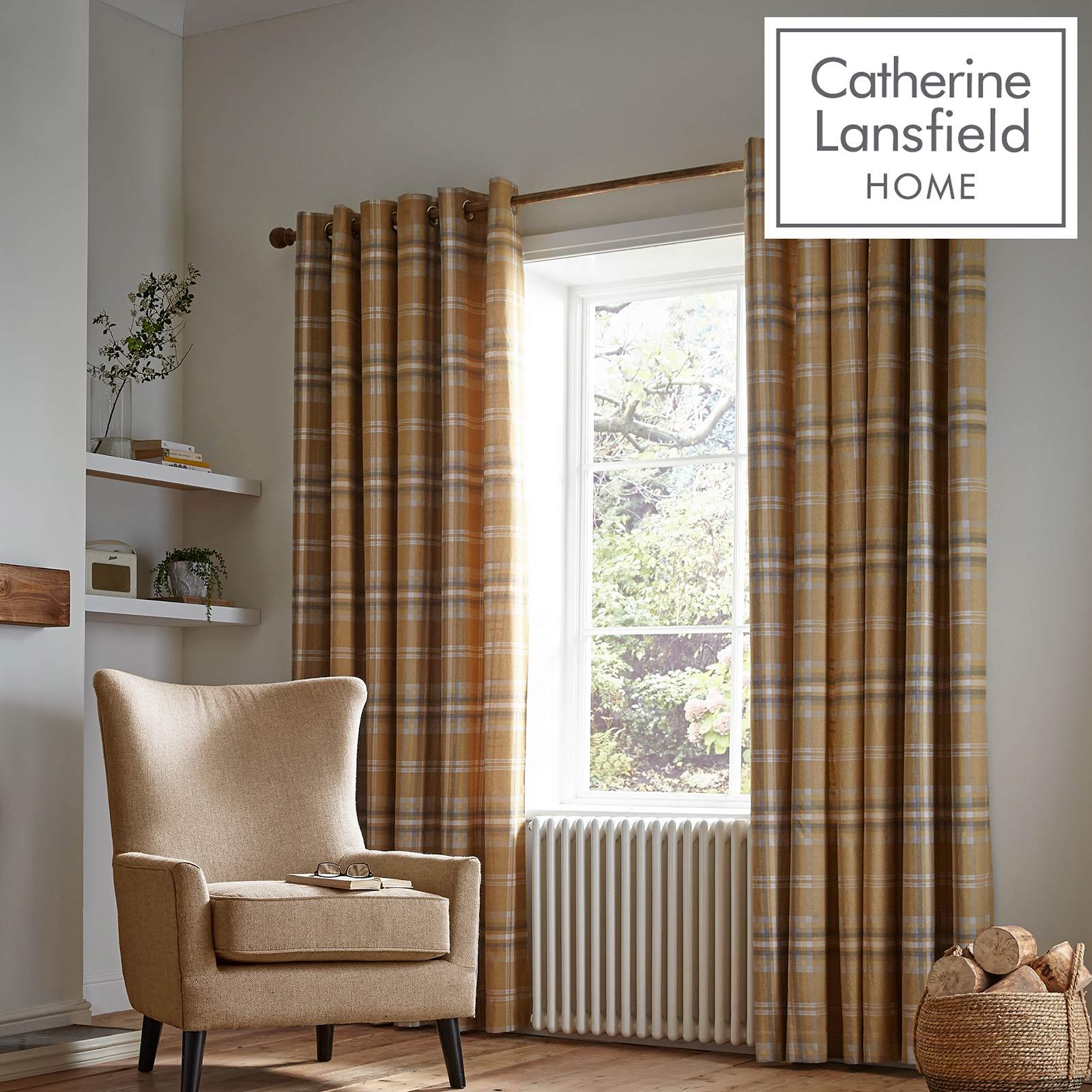 Catherine Lansfield Woven Check Ochre Thermal Eyelet Curtains Ring