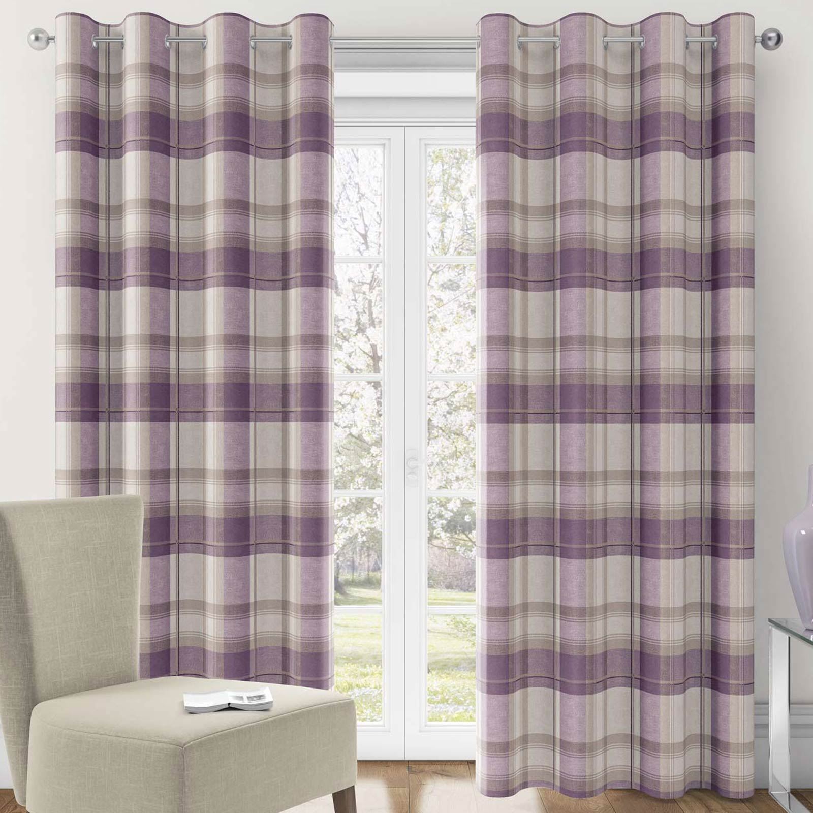 Balmoral Lined Eyelet Curtains Tartan Check Ready Made Ring Top Curtain