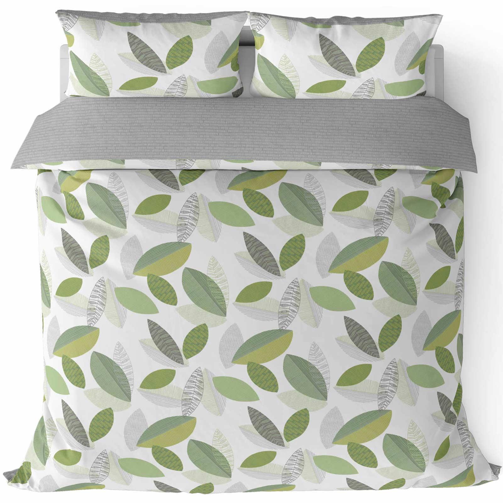 Green Duvet Covers Geometric Leaf Print Reversible Grey Quilt Cover