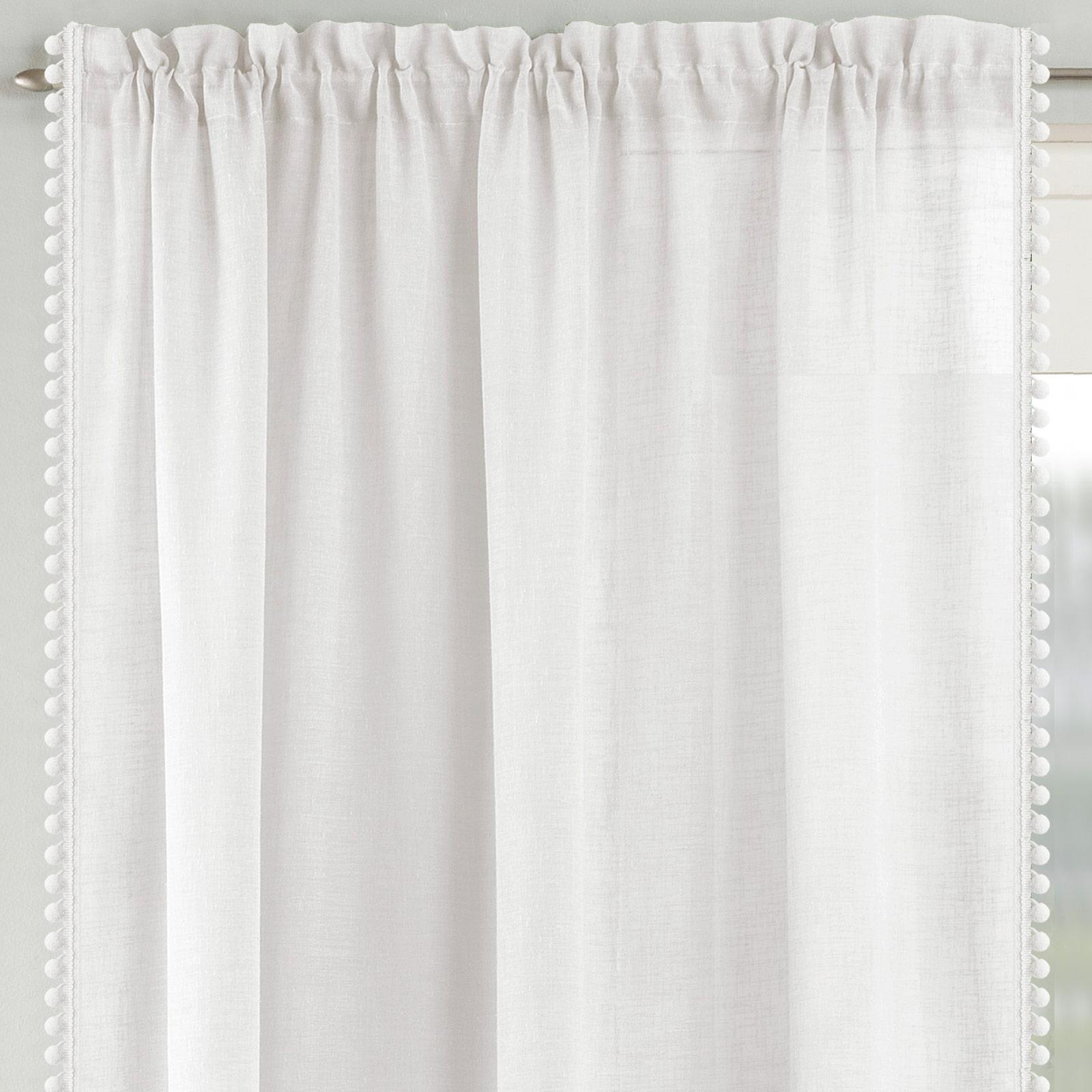 White Voile Curtain Pom Pom Trim Panels Slot Top Sheer Plain Linen