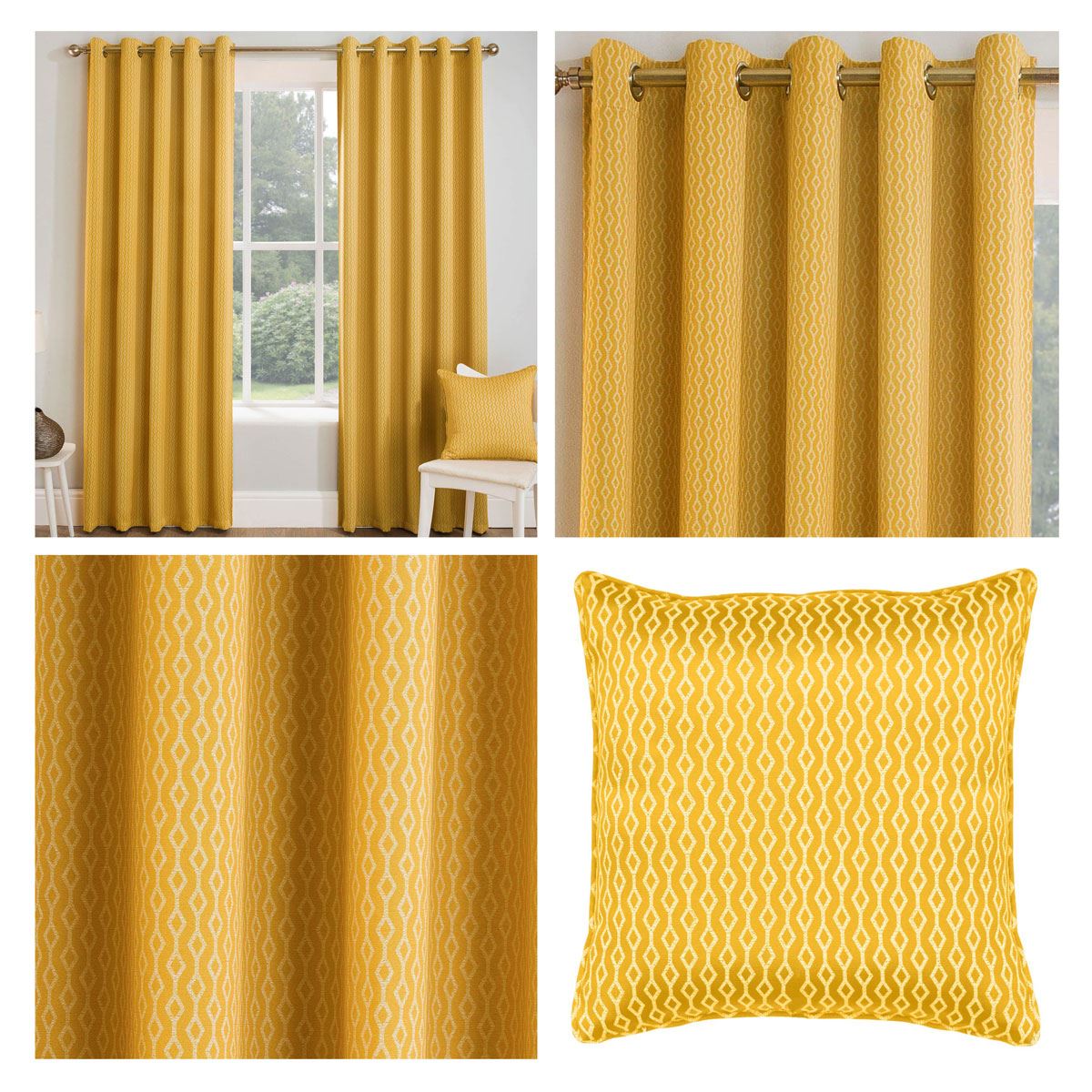 Ochre Eyelet Curtains Yellow Miami Geometric Thermal Block Out