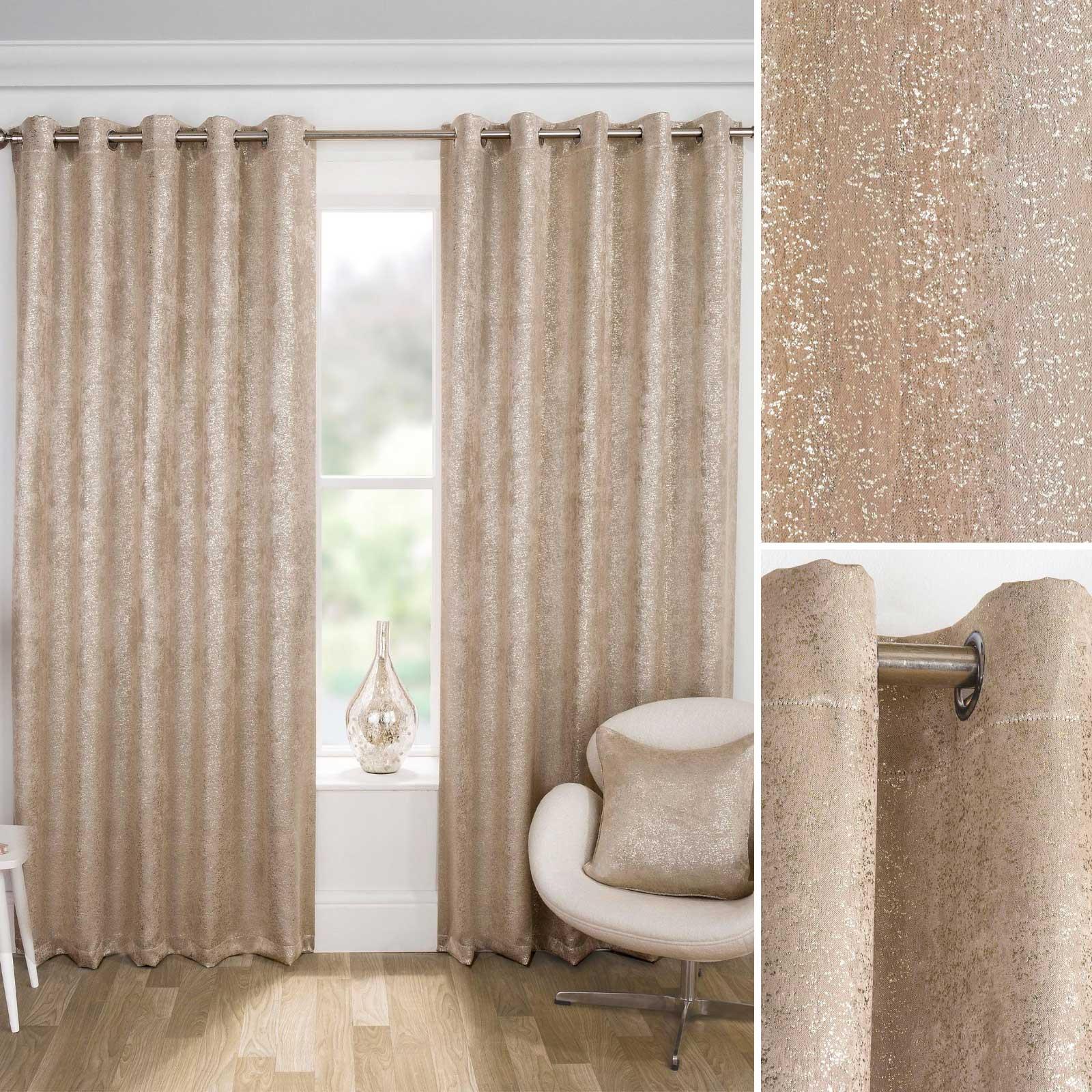 SHIMMERY GLITTER GOLD SPARKLES GOLD NATURAL EYELET BLOCK OUT THERMAL CURTAINS