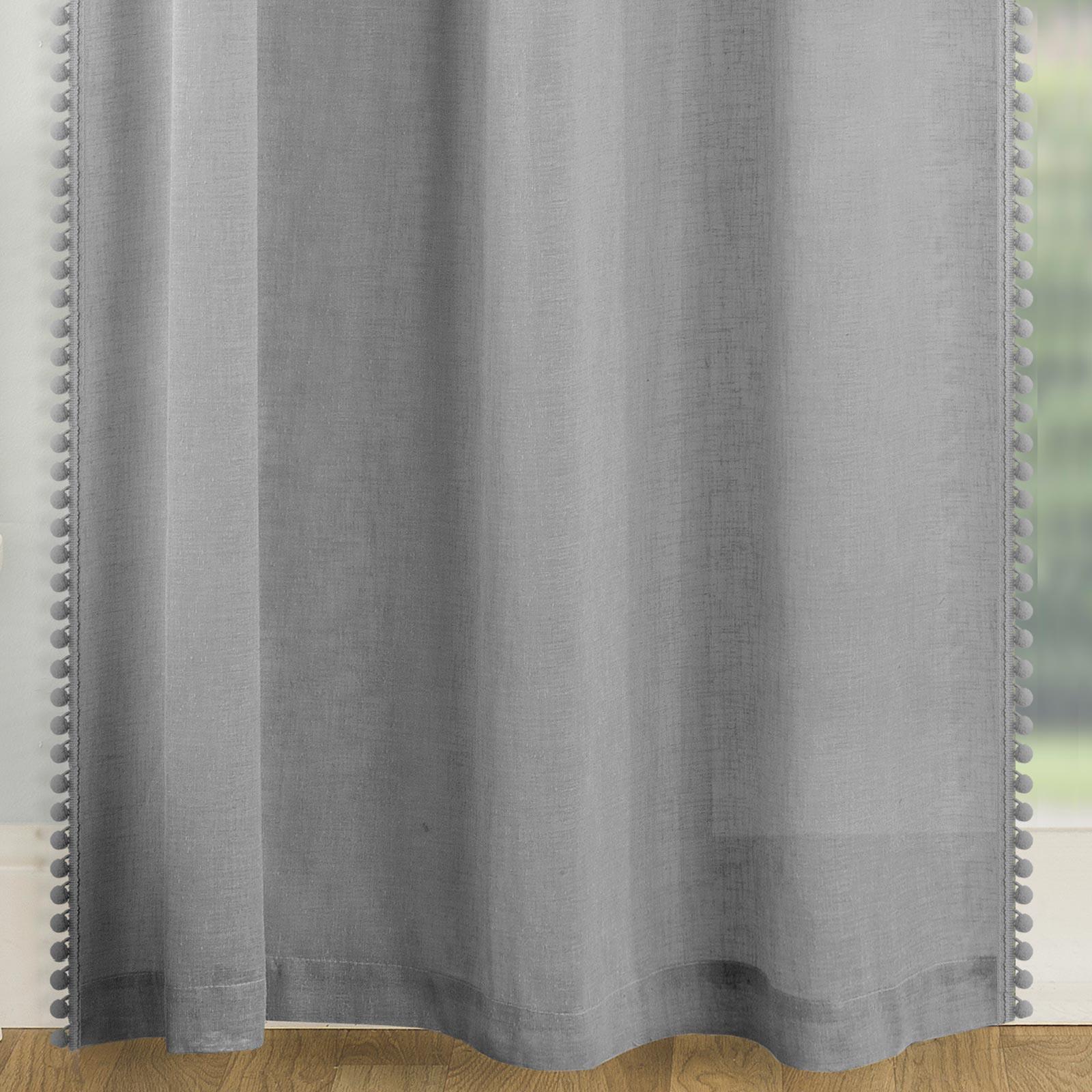 Grey Voile Curtain Pom Pom Trim Panels Slot Top Sheer Plain Linen Style