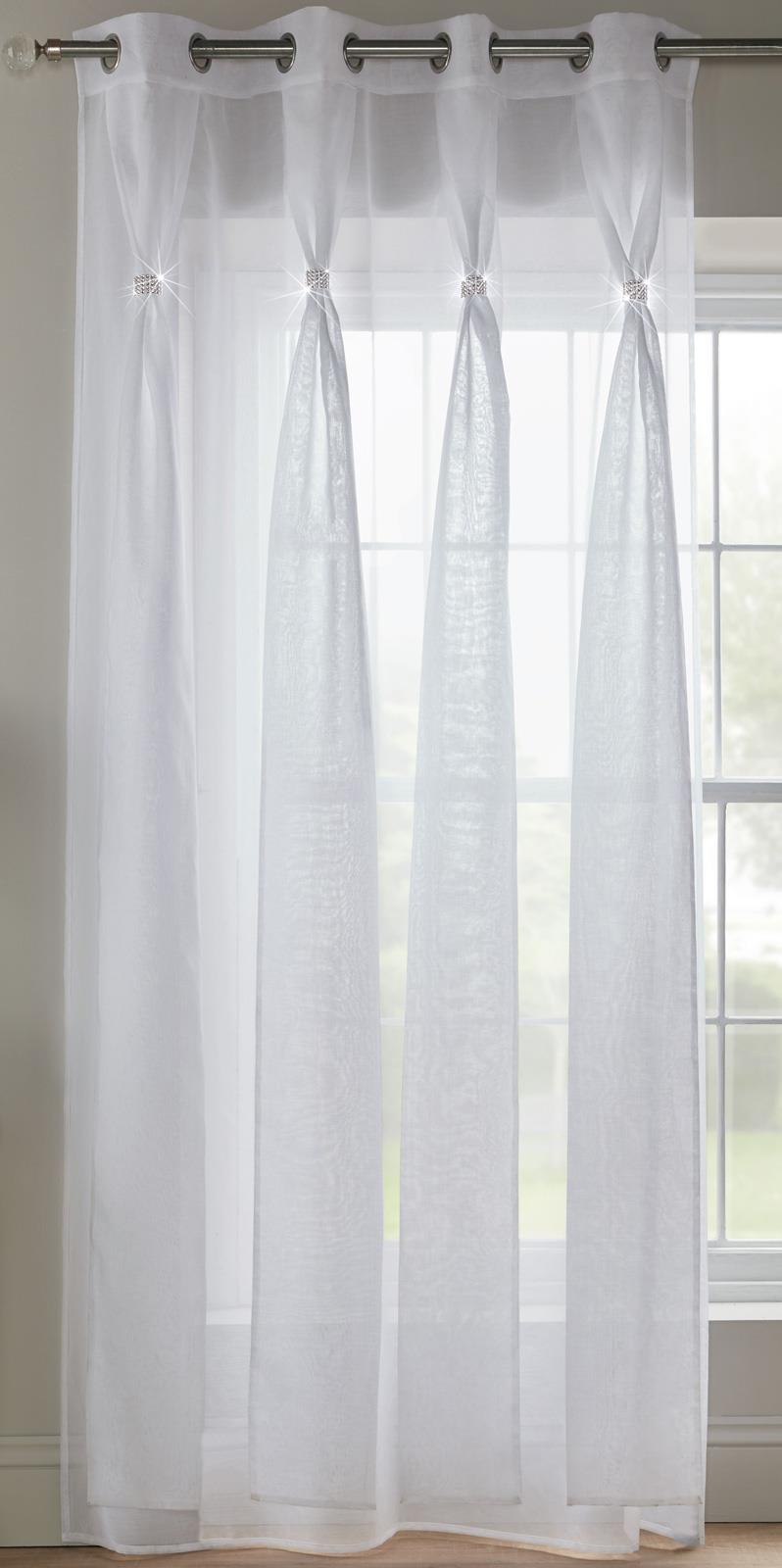 White Voile Curtain Diamante Sparkle Eyelet Pleated Panels Ring Top