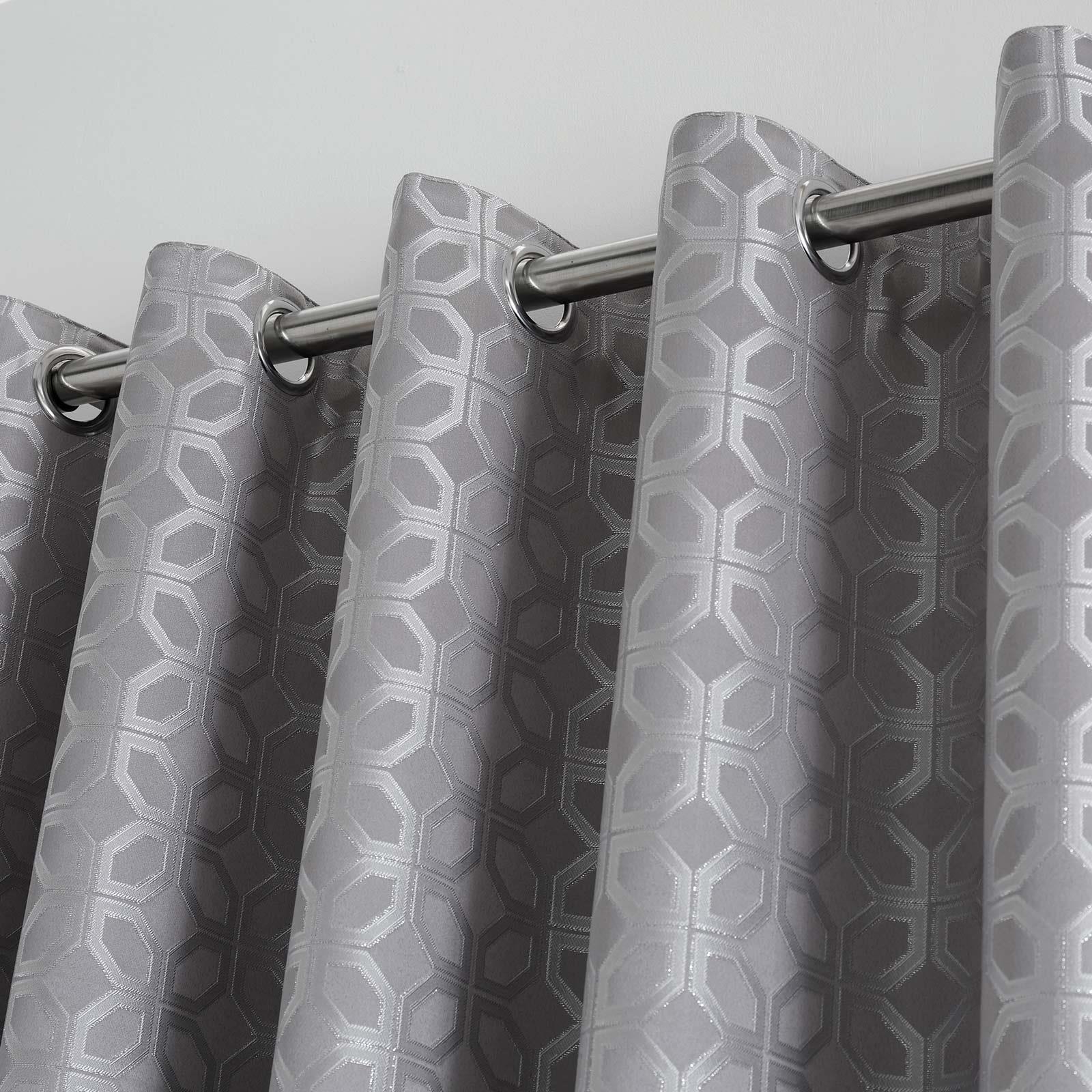 Grey Eyelet Curtains Metallic Geometric Ready Made Lined Ring Top