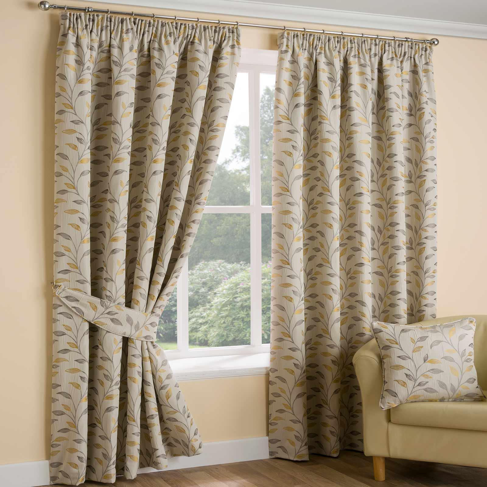 Ochre Lined Curtains Beige Leaf Tape Top Ready Made Pencil Pleat