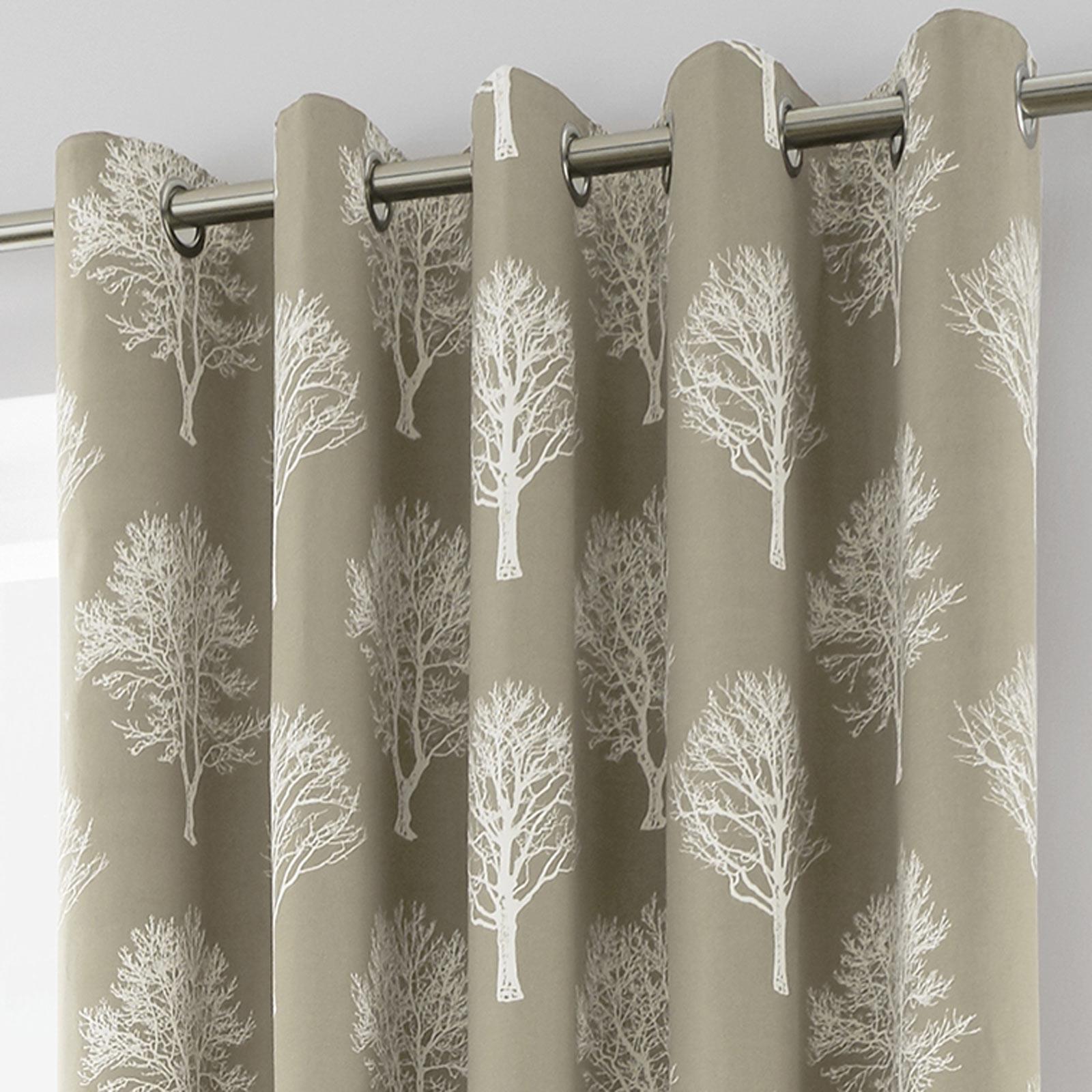 Woodland Trees Eyelet Curtains Cotton Ready Made Lined Ring Top Curtain