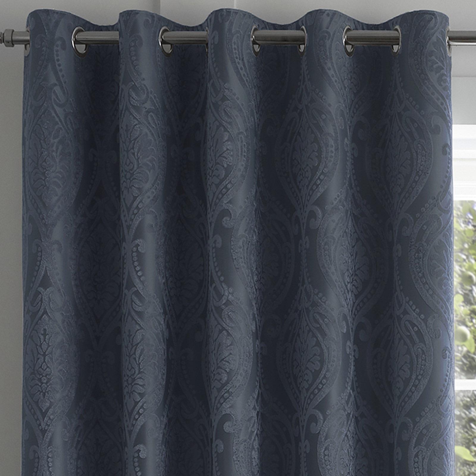 Navy Oeillet Rideaux Damassés Jacquard Prêt Fabriqué Doublé Bague Haut Bleu Rideau Paire