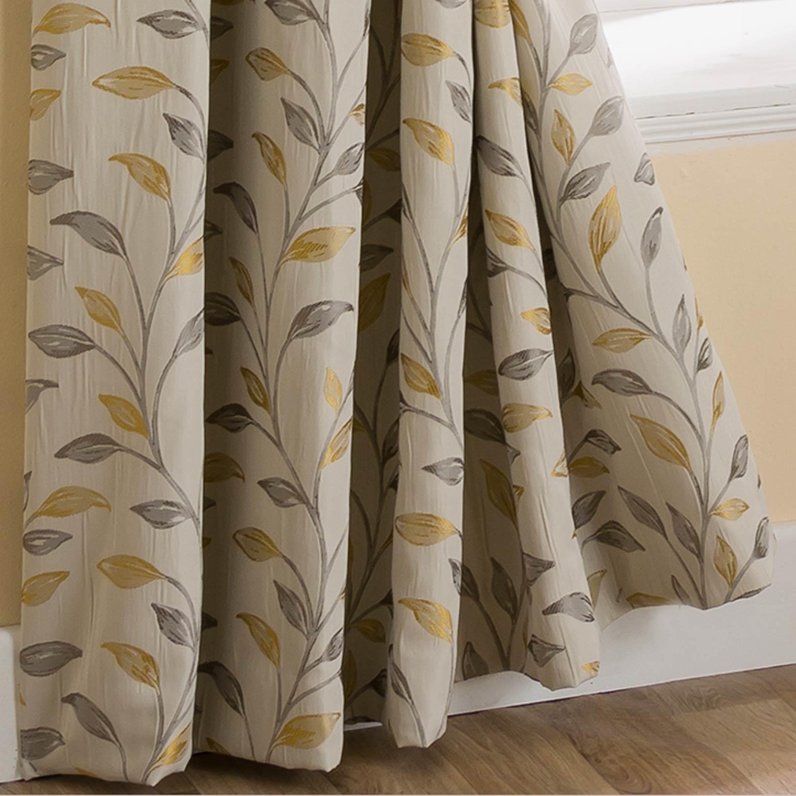 Ochre Lined Curtains Beige Leaf Tape Top Ready Made Pencil Pleat