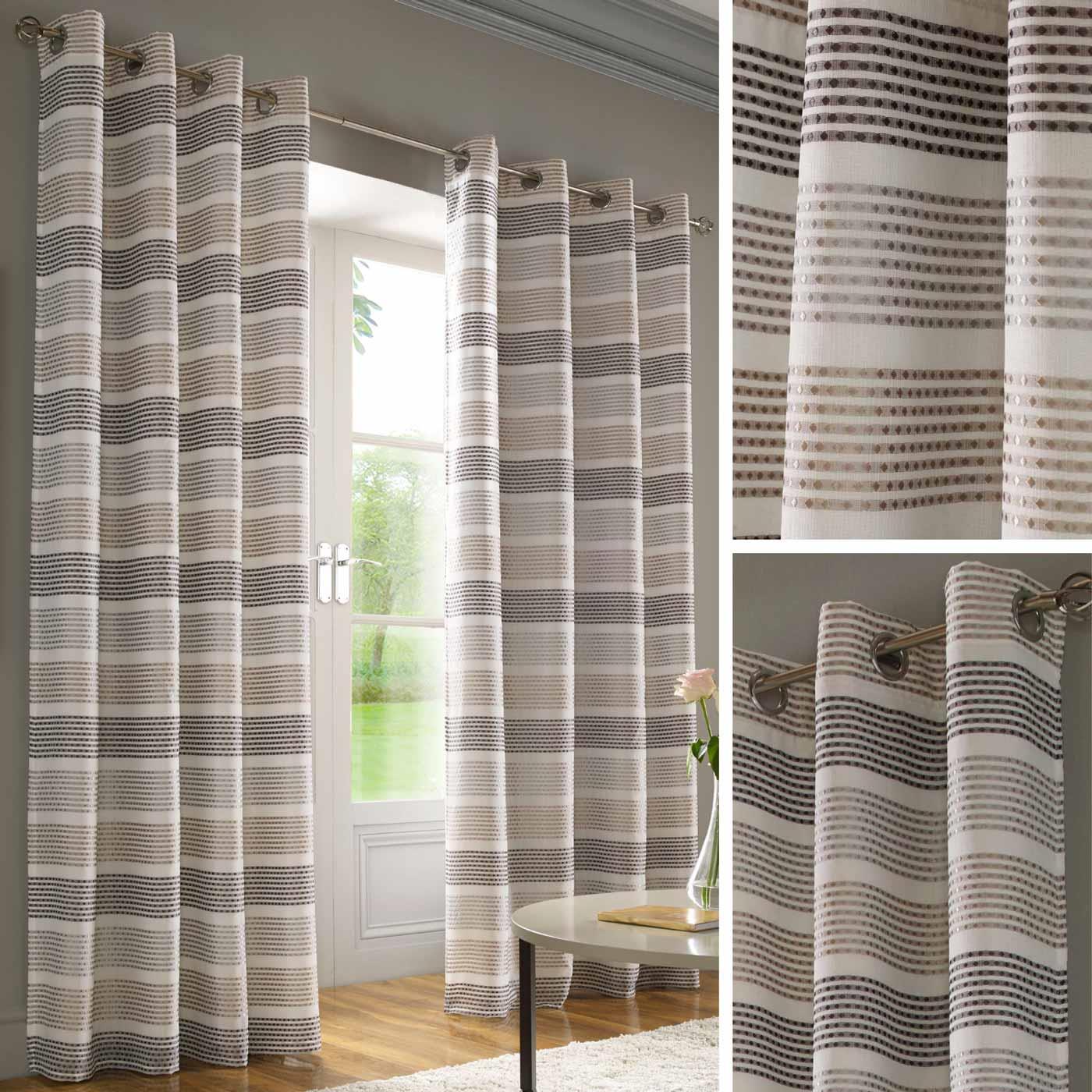 Grey Eyelet Curtains Embroidered Stripe Ready Made Ring Top Lined