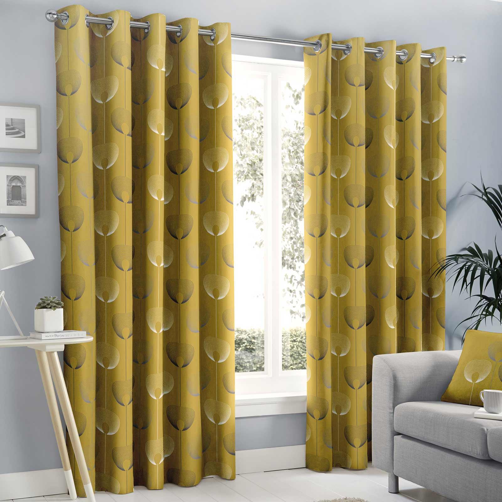 Mustard Eyelet Curtain Pairs Yellow Ochre Ring Top Lined Ready Made