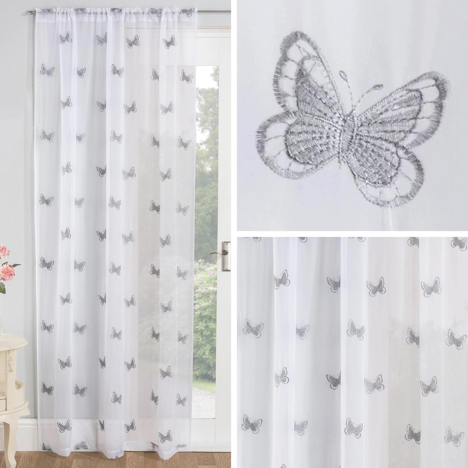 Grey Voile Curtain Panels White Butterfly Slot Top Embroidered Rod