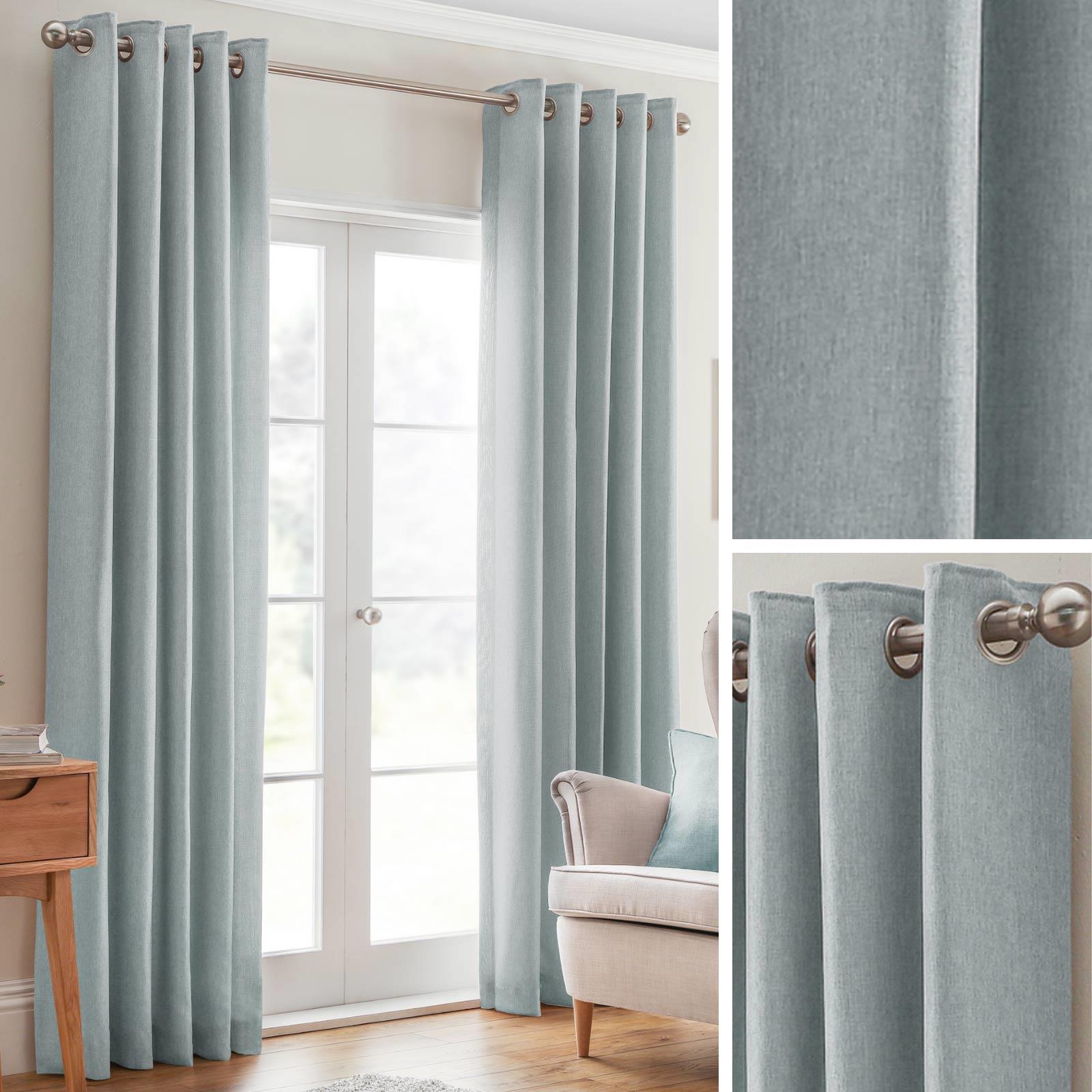 Blue Eyelet Curtains Plain Textured Woven Ready Made Ring Top