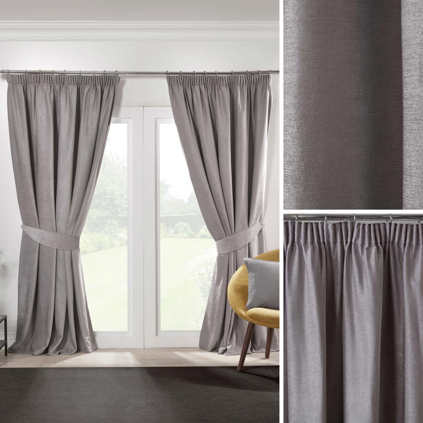 Grey Blackout Curtains Tape Top Plain Ready Made Lined Pencil Pleat Curtain Pair