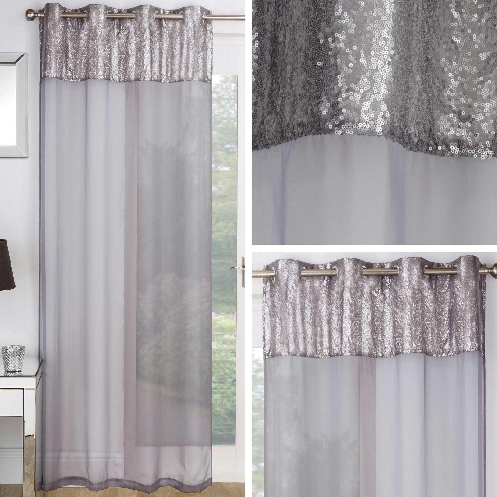 Grey Voile Panel Sequin Sparkle Bling Sheer Silver Eyelet Curtains