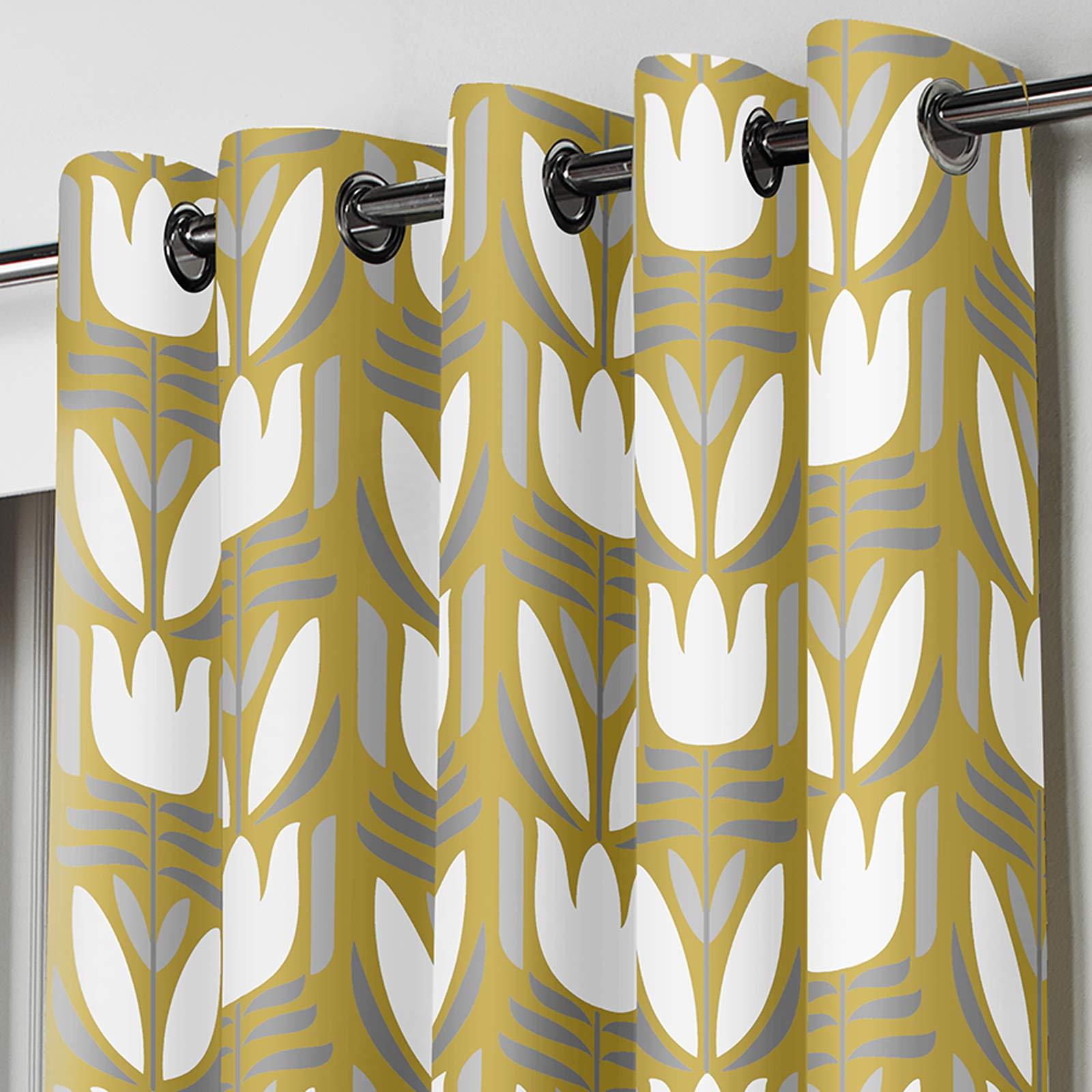 Mustard Eyelet Curtain Pairs Yellow Ochre Ring Top Lined Ready Made