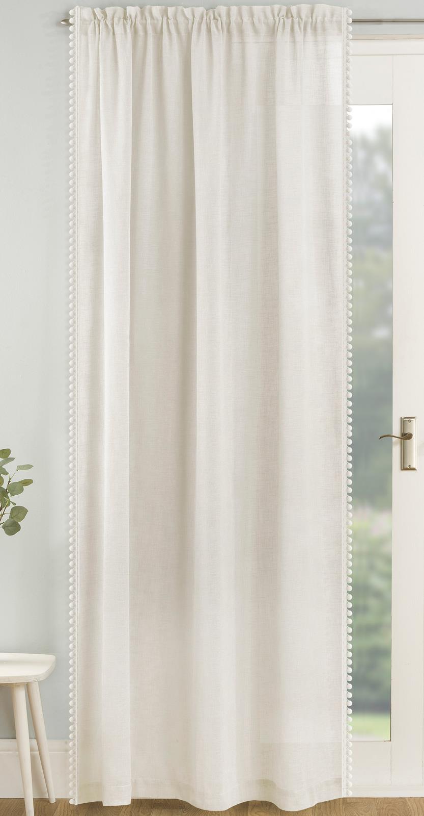 Cream Voile Curtain Pom Pom Trim Panels Slot Top Sheer Plain Linen