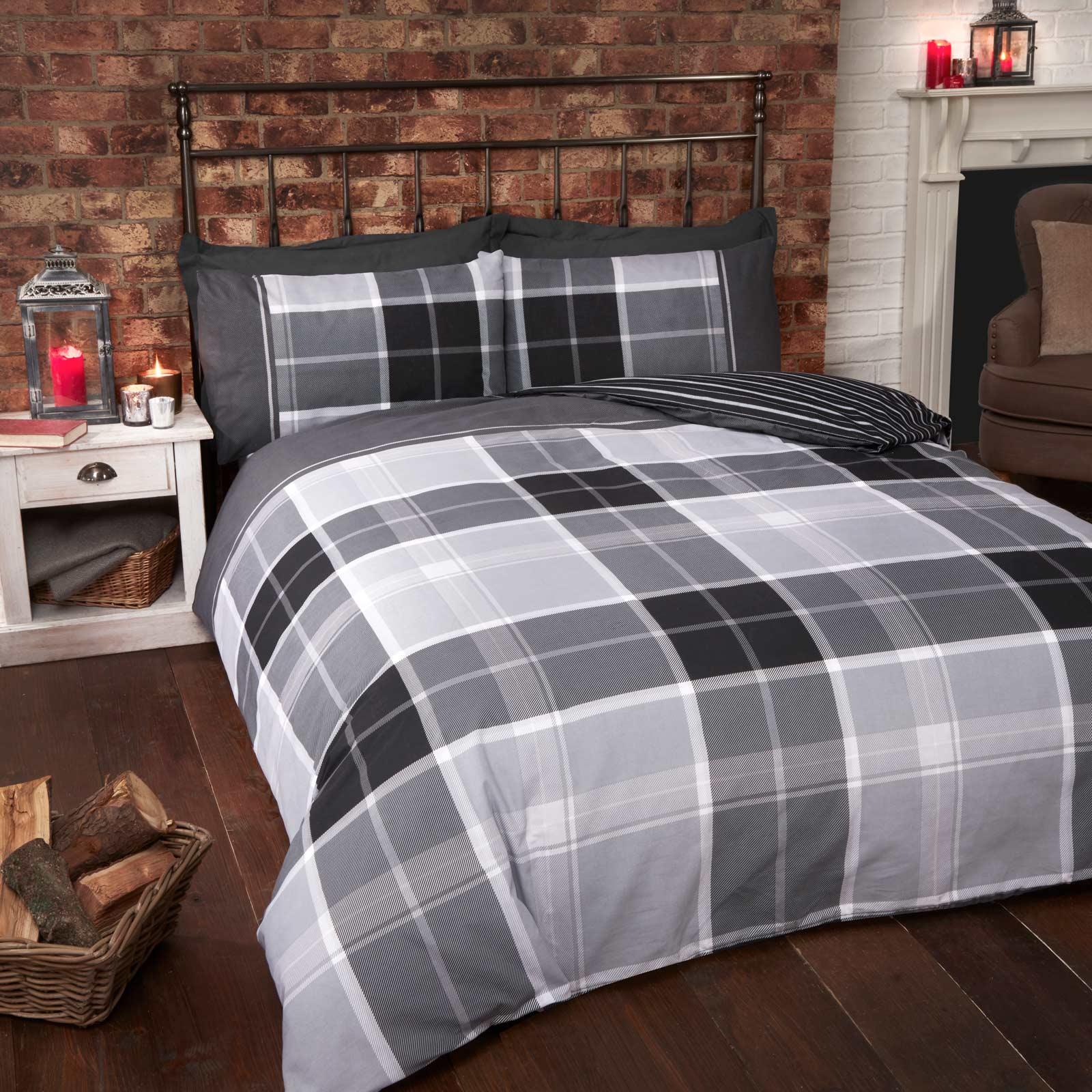 Grey Duvet Covers Tartan Check Stripe Modern Reversible