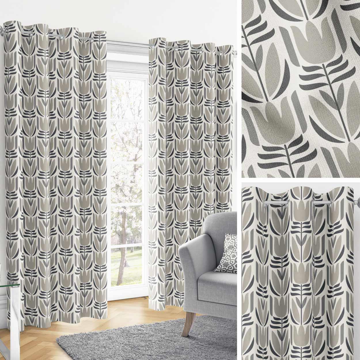 Cream Eyelet Curtains Grey Floral Geometric Ready Made Lined Ring