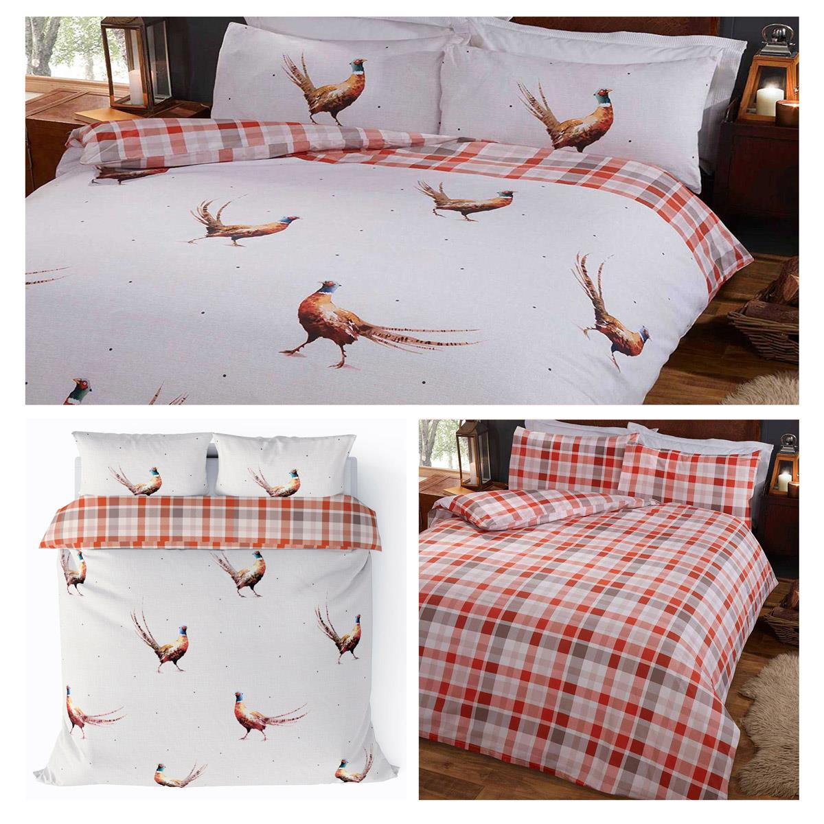 PHEASANTS TARTAN CHECK BROWN ORANGE COTTON BLEND DUVET COVER *3 SIZES*