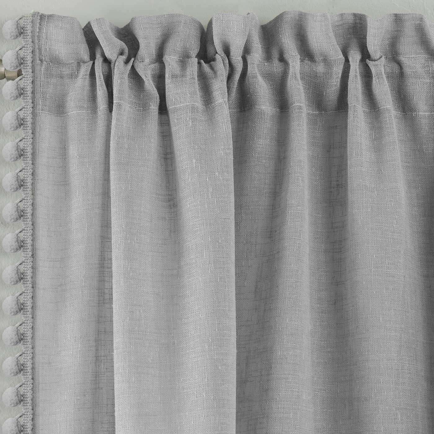 Grey Voile Curtain Pom Pom Trim Panels Slot Top Sheer Plain Linen Style