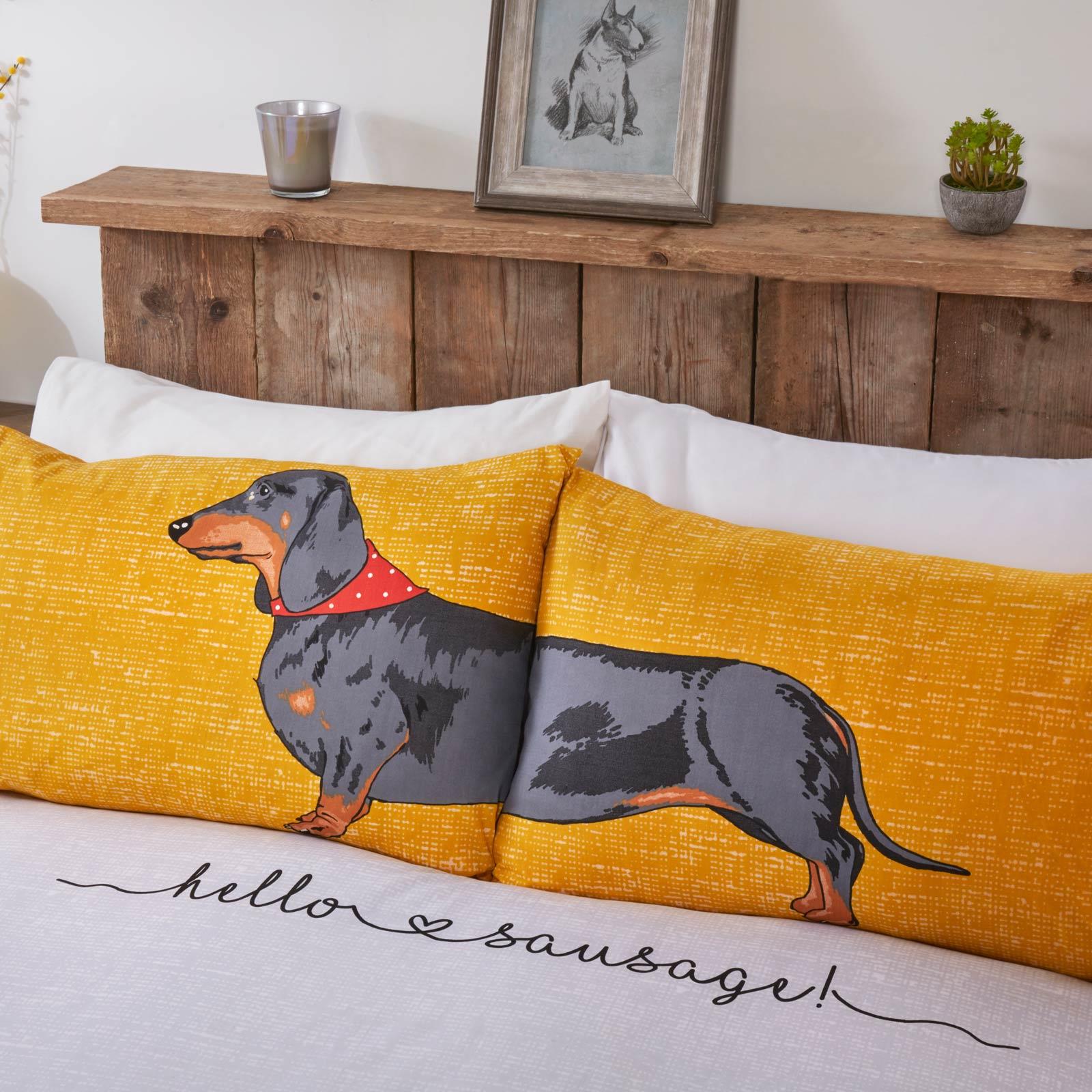 Hello Sausage Dog Duvet Covers Dachshund Easy Care Ochre Grey Bedding