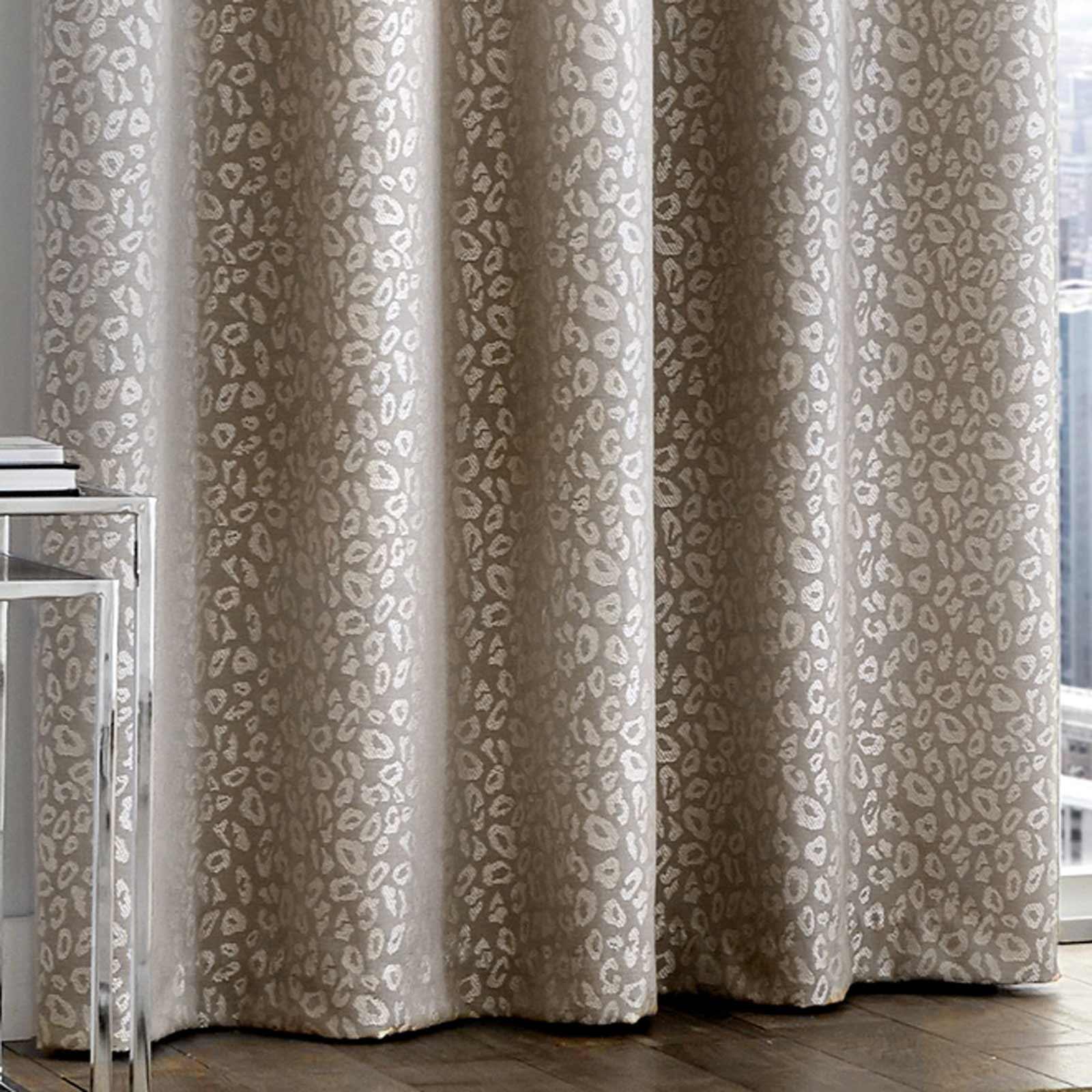 Beige Eyelet Curtains Leopard Print Jacquard Ready Made Lined Ring Top Pairs