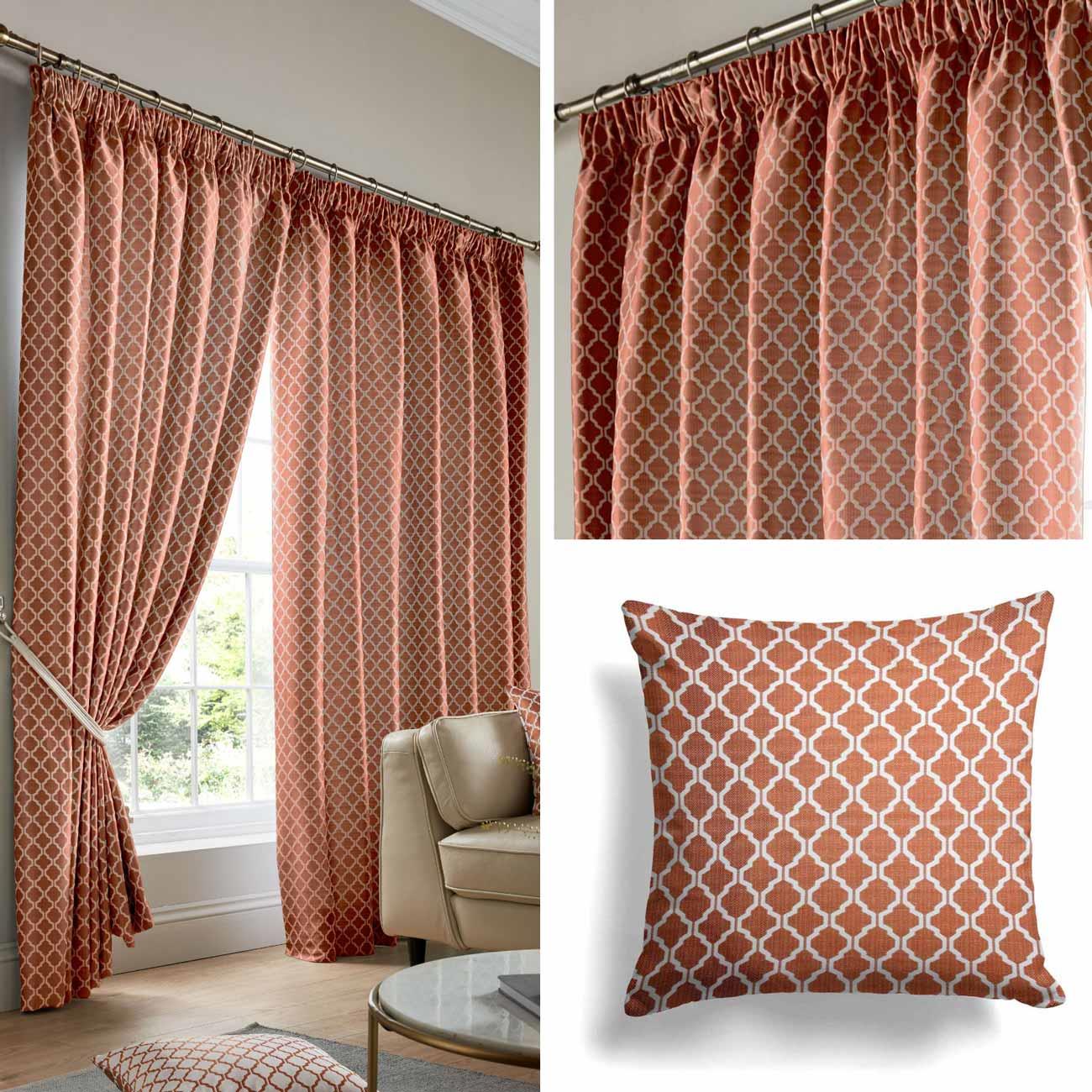 Orange Lined Curtains Geometric Jacquard Tape Top 3 Pencil Pleat