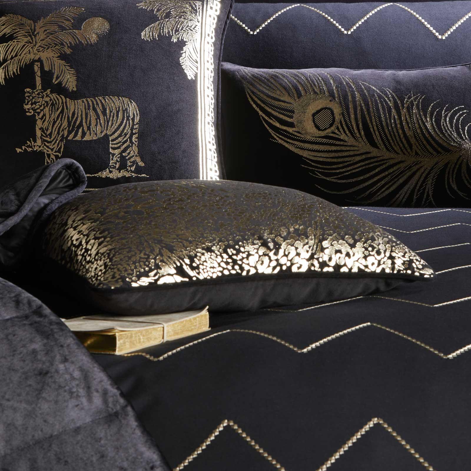 Black Velvet Filled Cushion Gold Metallic Animal Print Feather Boudoir