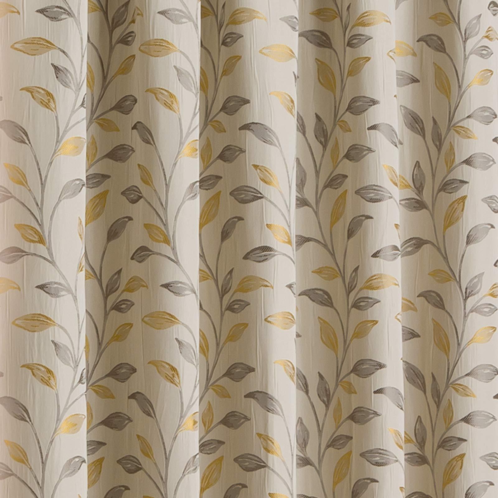 Ochre Lined Curtains Beige Leaf Tape Top Ready Made Pencil Pleat