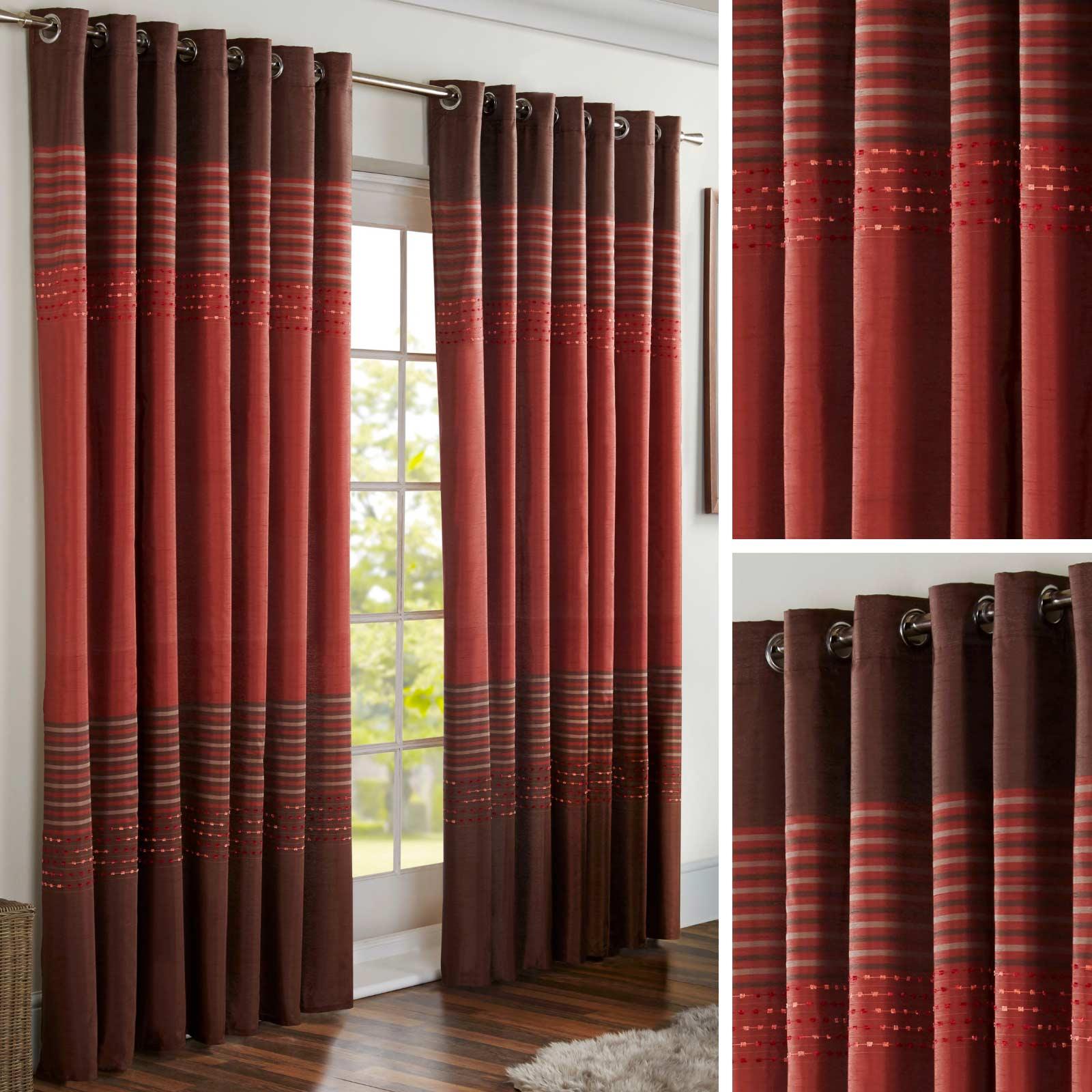 Red Eyelet Curtains Faux Silk Chenille Stripe Lined Ring Top