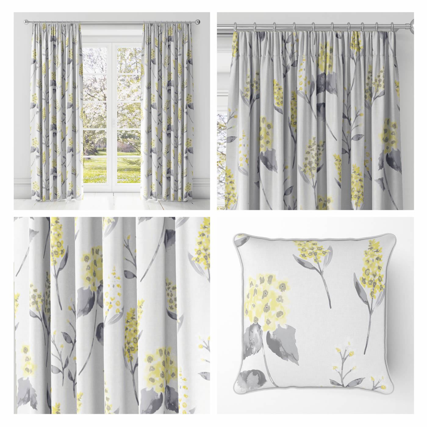 Ochre Floral Curtains Grey Luxury Ready Made 3 Pencil Pleat
