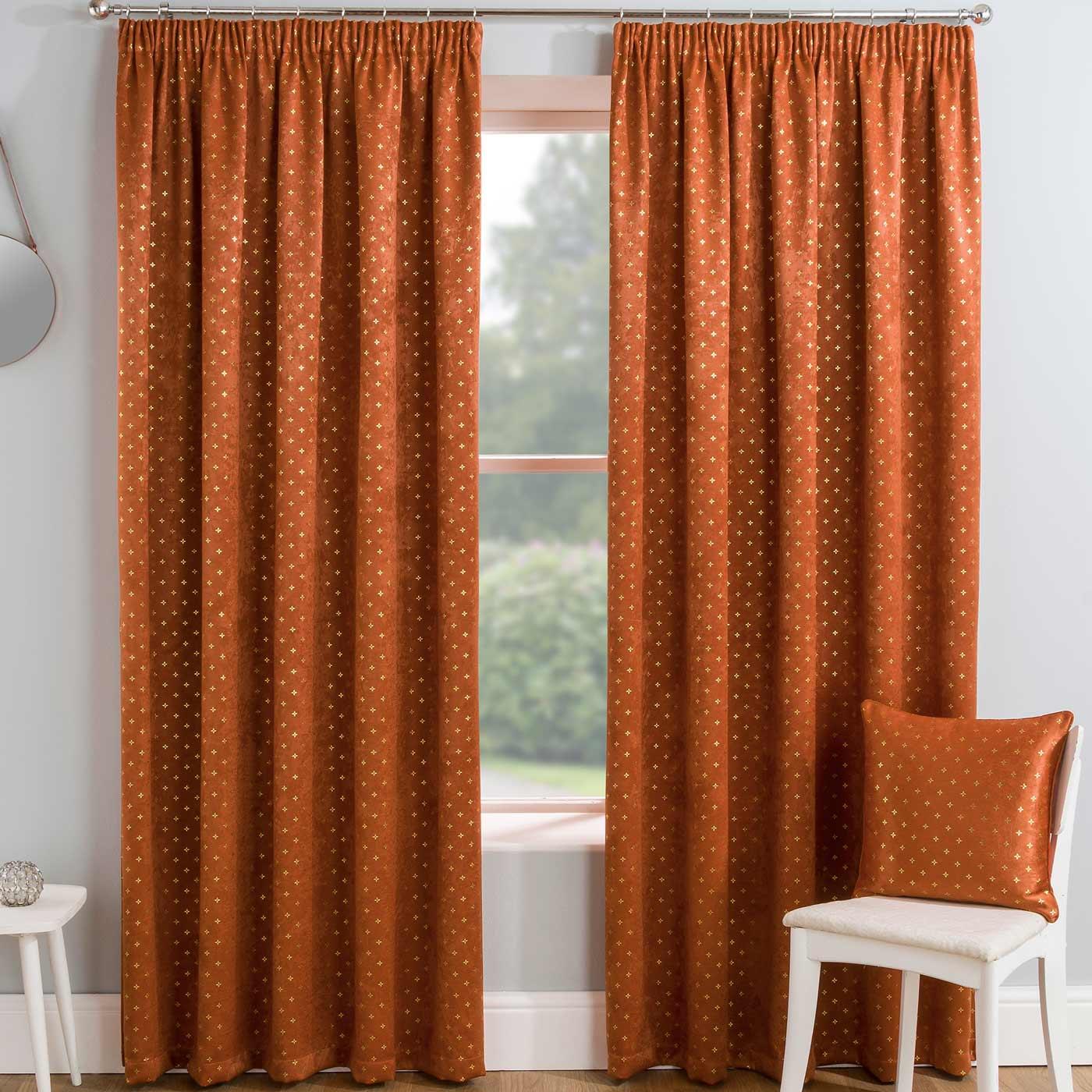 Orange Thermal Curtains Metallic Block Out Tape Top Pencil Pleat
