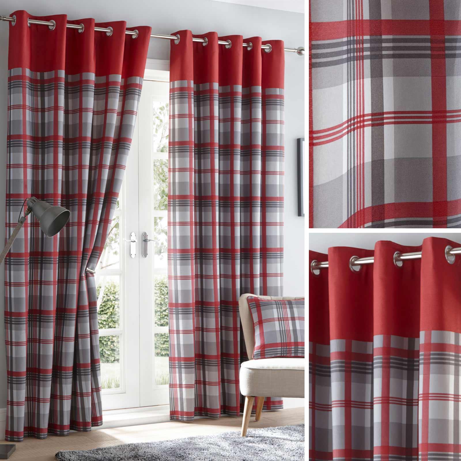 Red Eyelet Curtains Tartan Check Plaid Modern Ready Made Lined Ring Top