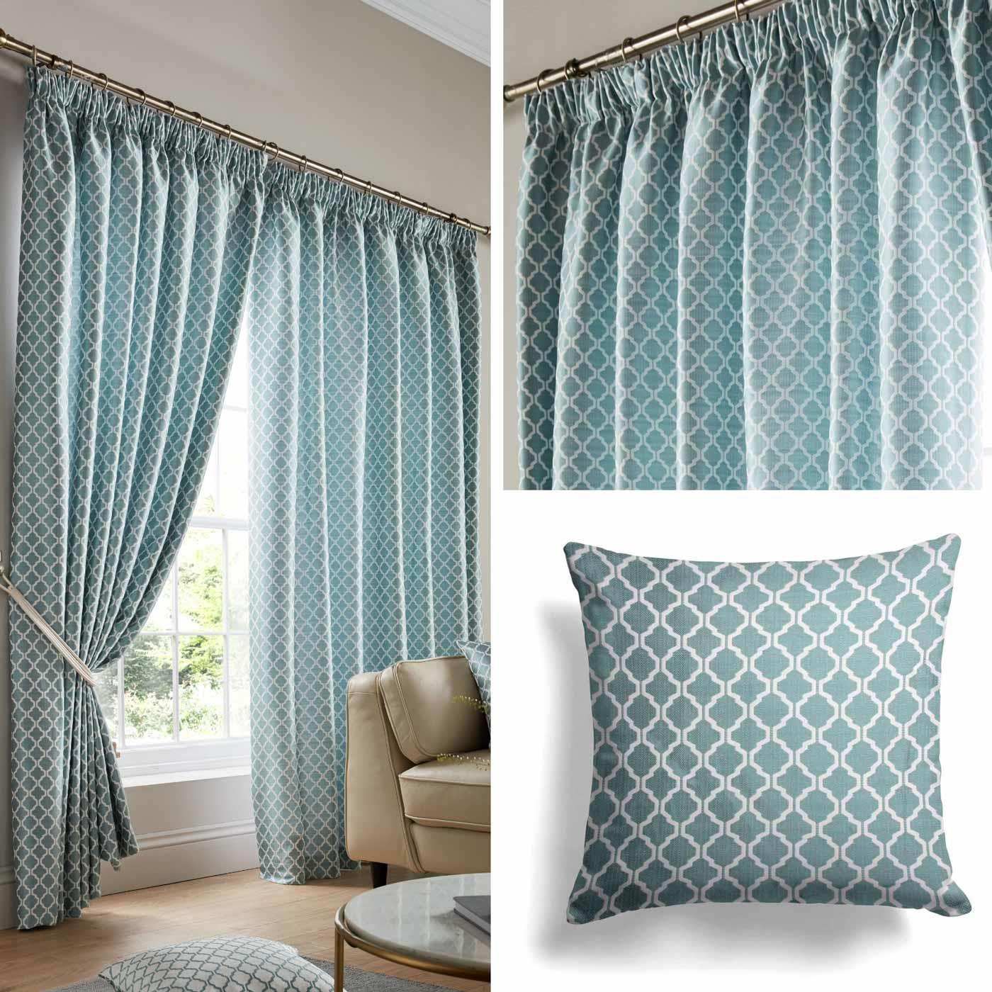 Teal Lined Curtains Geometric Jacquard Tape Top 3 Pencil Pleat