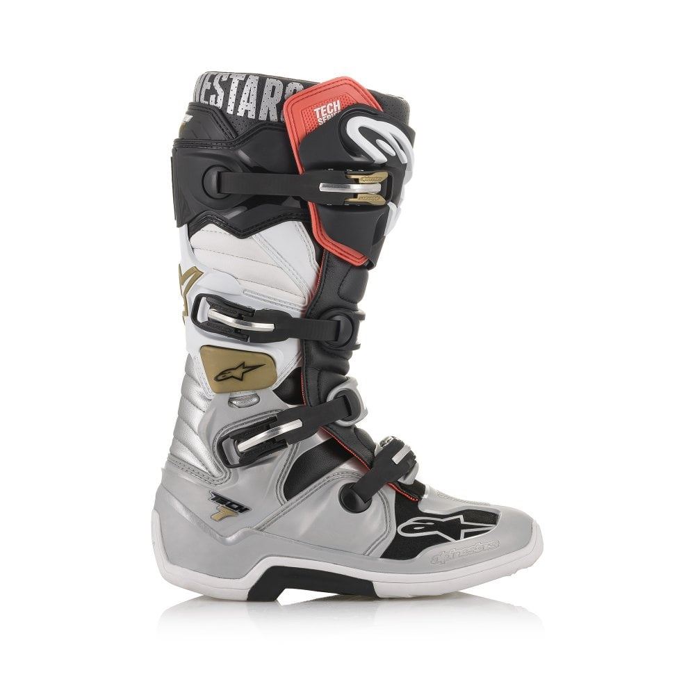 Stivali Alpinestars Tech 7 Nero Argento Bianco Oro Motocross Enduro Tech Seven - Foto 17 di 30