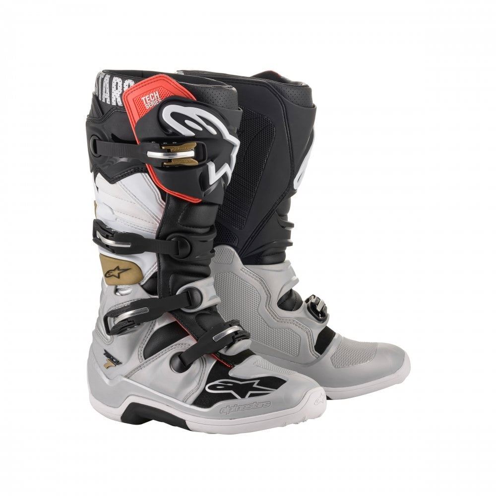 Stivali Alpinestars Tech 7 Nero Argento Bianco Oro Motocross Enduro Tech Seven - Foto 7 di 30