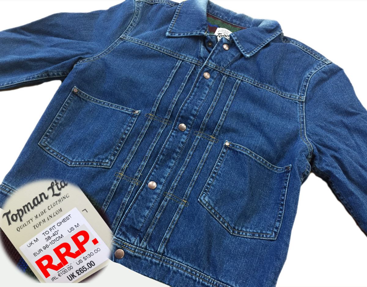 TOPMAN Mens Snap Button Blue Denim Short Jacket With Thick Warm Inner Lining
